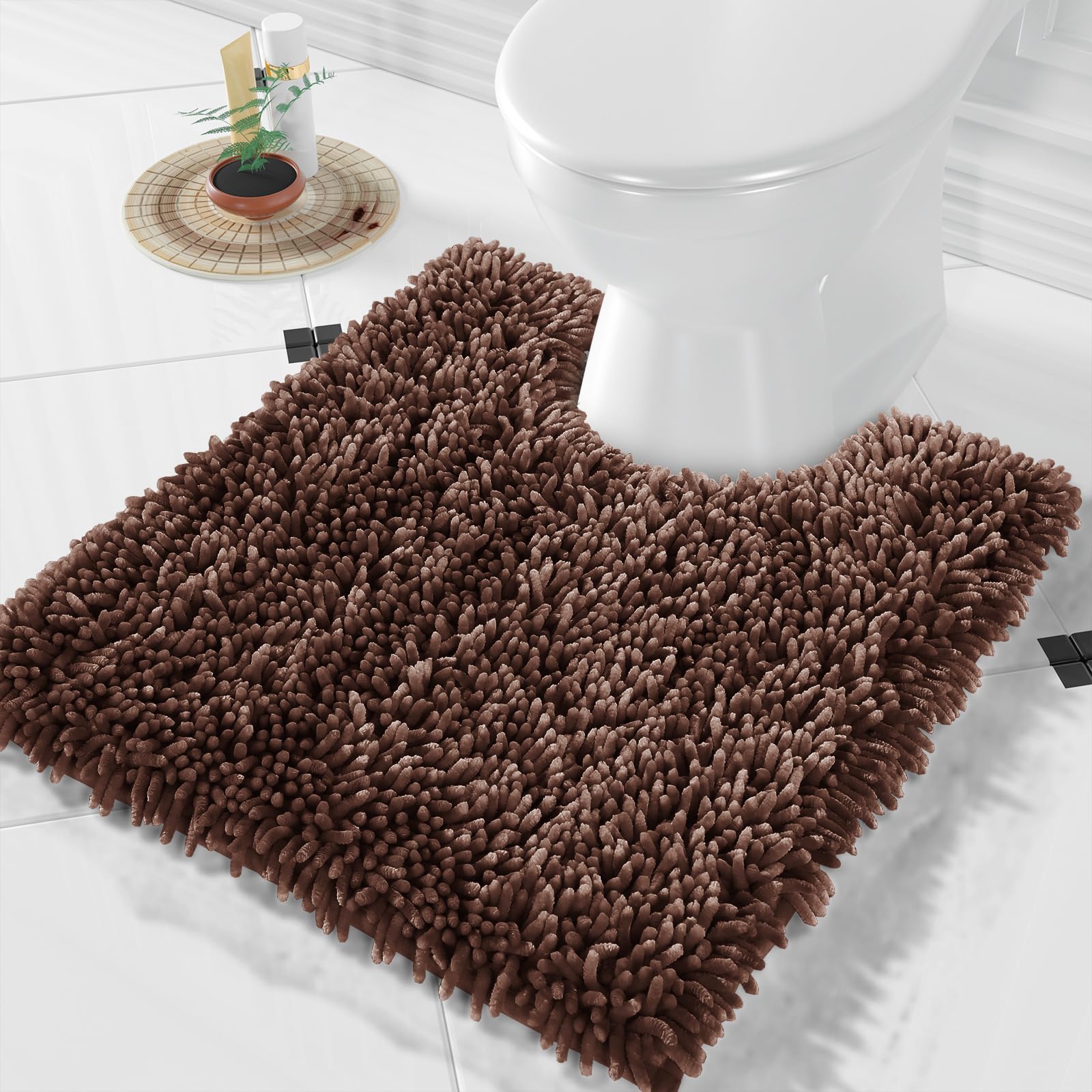 Yimobra Toilet Rugs U Shaped Washable, Extra Thick Soft Absorbent Chenille Contour Bathroom Rugs for Toilet 24x20 Inch, Quick Dry Non Slip Toilet Mat for Bath Floor, Brown