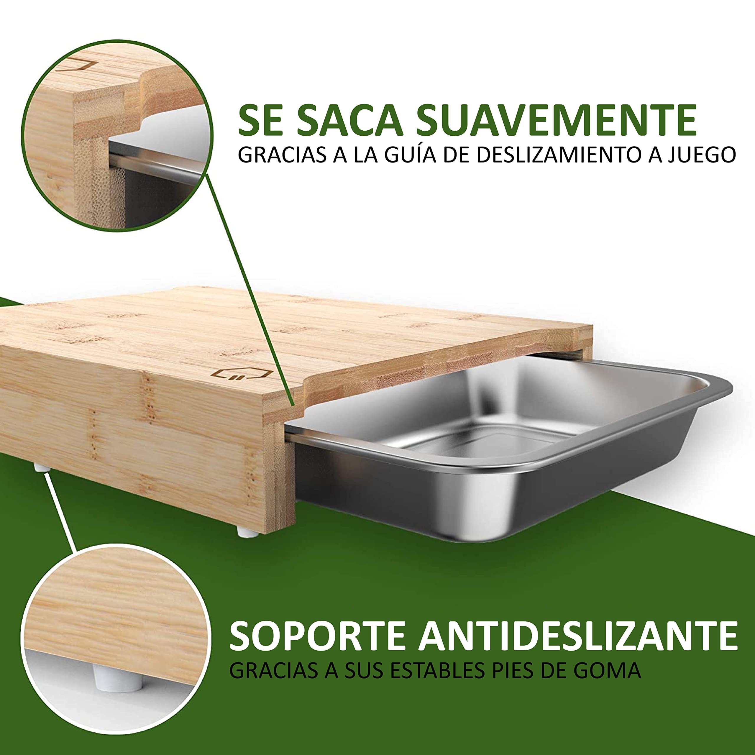 Premium Tabla de cortar con bandejas, bambú con 3 placas de cocción de acero inoxidable, apto para lavavajillas,Tabla de cortar de cocina multifuncional.