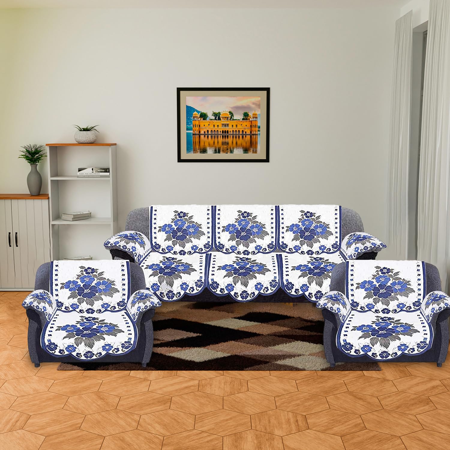 Kuber Industries Cotton 5 Seater Sofa Cover with 6 Arm Cover|Sofa Cover 3 Seater and 2 Seater|Flower Design & Machine Washable (White & Blue) (B0CJ2M8KD3) Amazon Price History, Amazon Price Tracker
