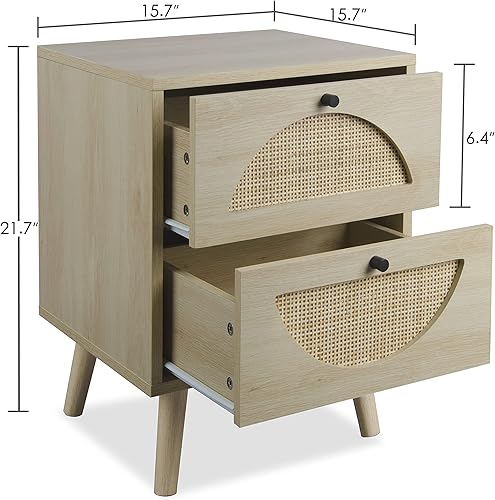 Miniatura 4 de Mesita de noche rústica de ratán con 2 cajones, mesa auxiliar de madera con almacenamiento y patas de madera maciza para sala de estar, dormitorio