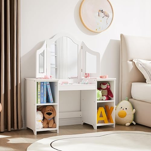 Miniatura 6 de Vanidad 2 en 1 para niños, mesa de maquillaje de princesa con armario de almacenamiento abierto, tocador de juego de simulación con espejo triple