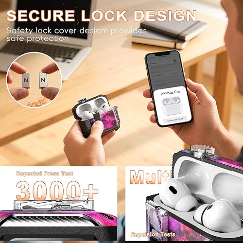 Miniatura 5 de R-fun Funda para AirPods Pro 2 con kit de limpieza, elementos de fibra de carbono, a prueba de caídas, funda desplegable automática con soporte para