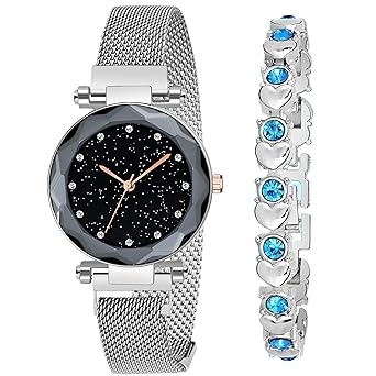 The Shopoholic Analog Black Dial Black Blue Silver Magnetic Watch with Heart Bracelet for Girls & Women Watch for Girl or Women