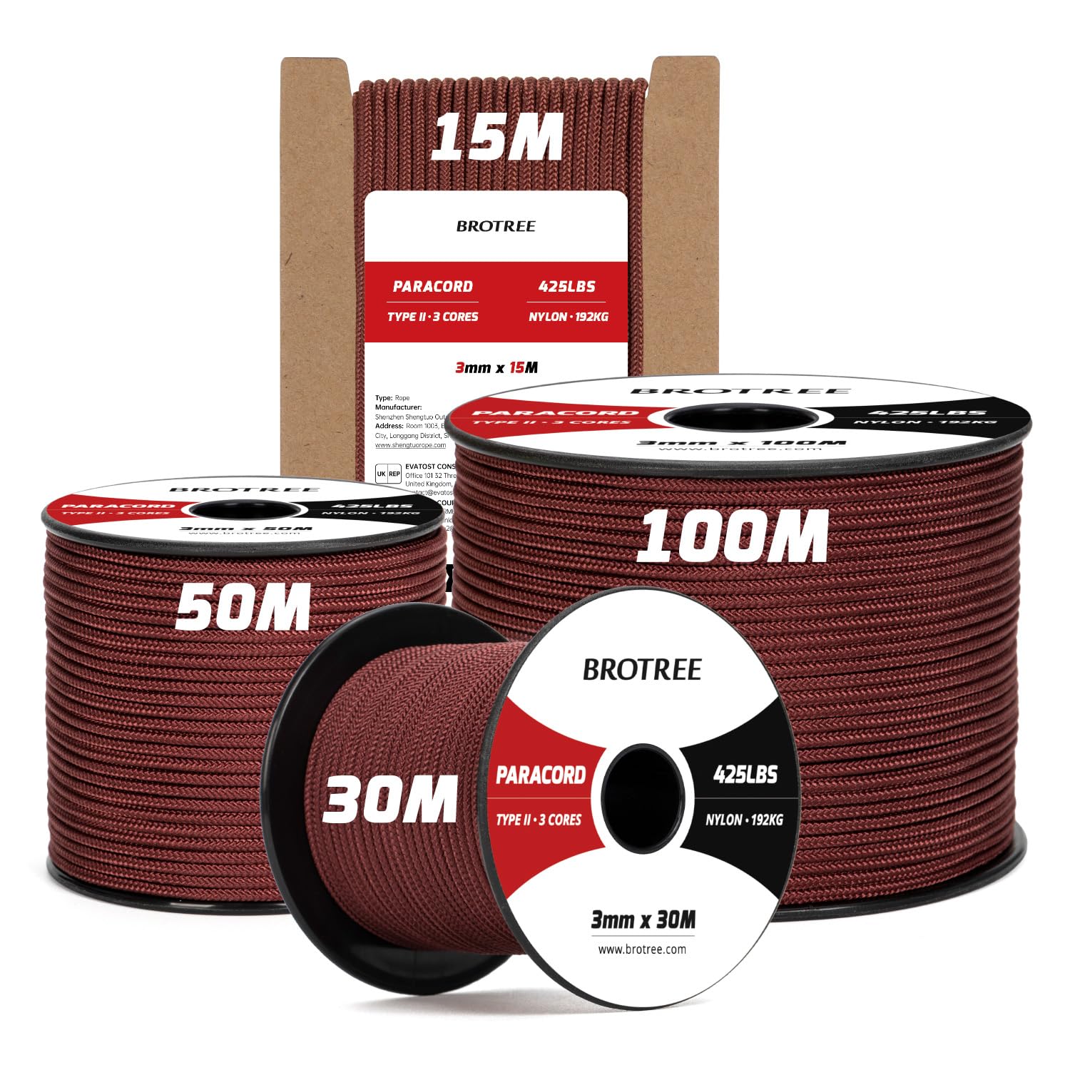 Brotree 3mm Paracord 425 100% Nylon 100M Rope 3 Strands Type II Parachute Cord for Outdoor, Craft, DIY - 192kg Breaking Load (Chocolate Brown)