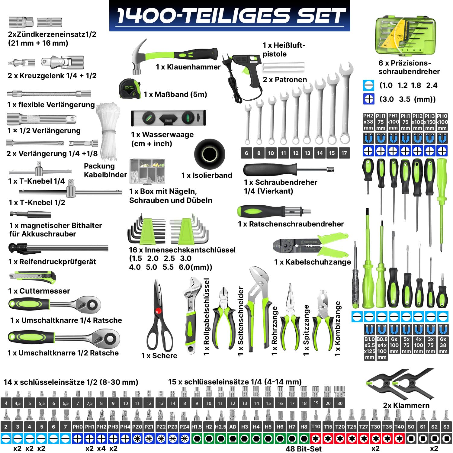 MASKO® Werkzeugkoffer 1400-teilig gefüllt | Werkzeugset im Aluminiumkoffer | Werkzeugkasten mit Rollen | Werkzeugkiste Haushalt, Haus, Hobby, KFZ | Trolley-Funktion | Profi Werkzeugwagen Handwerkzeug