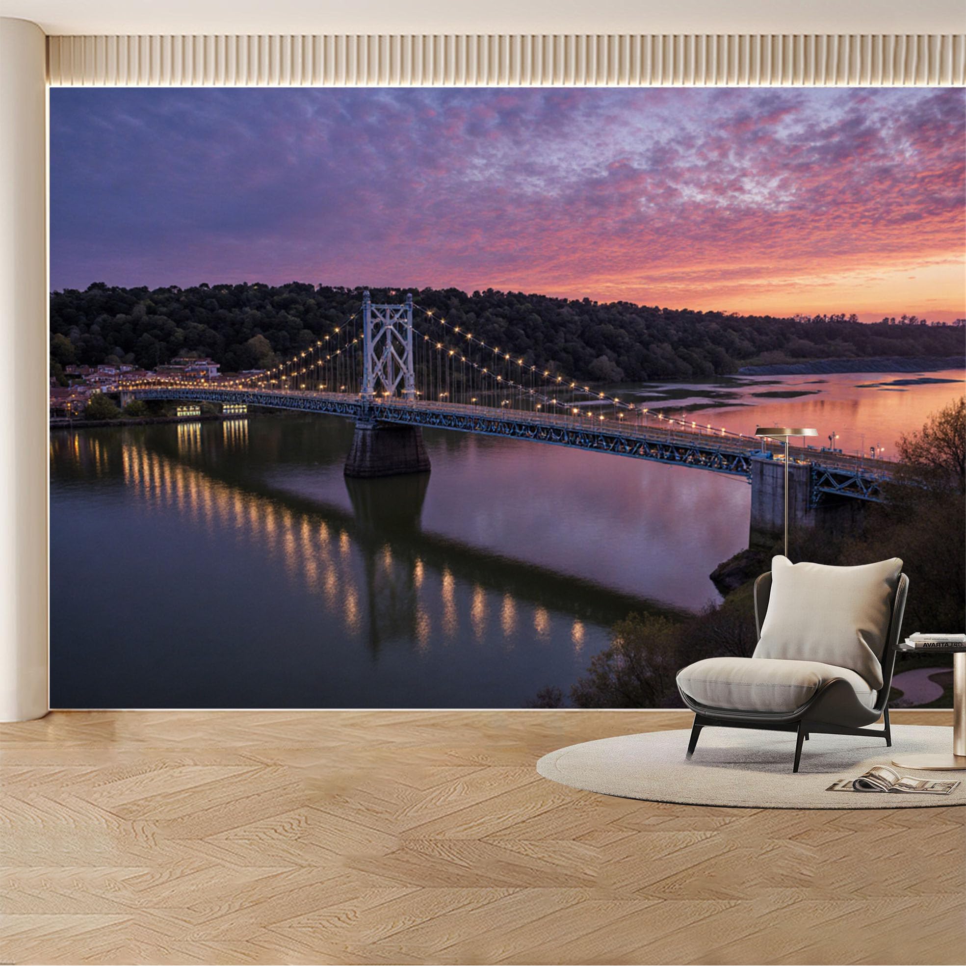 Custom Wall Mural Wallpaper Bridge River Landscape， 3D Effect Wall Decor Large Wall Art， Sunset Misty for Living Room， Bedroom， Office