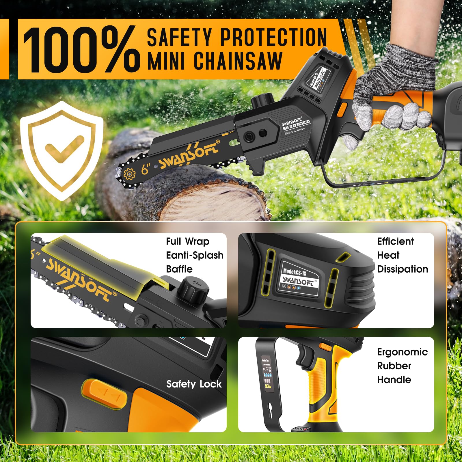 SWANSOFT Sierra de cadena inalámbrica de 12 cm,SWANSOFT Mini Motosierra a Batería Profesional, 6'' 16,8V 2,5Ah 500W de Mano con Bloqueo de Seguridad y Sistema de Engrase Automático