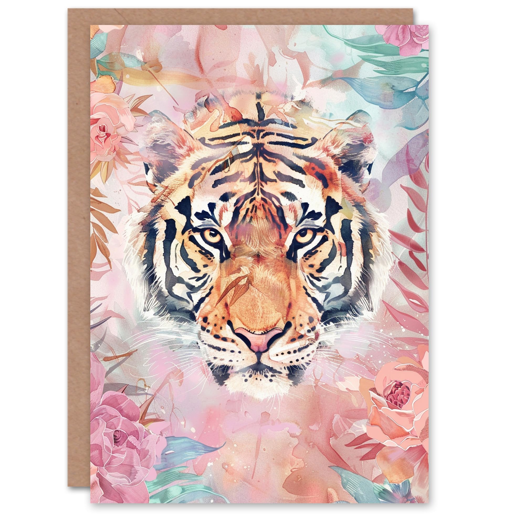 Artery8 Bohemian Tiger Floral Jungle Portrait Watercolour For Her Woman Birthday Card