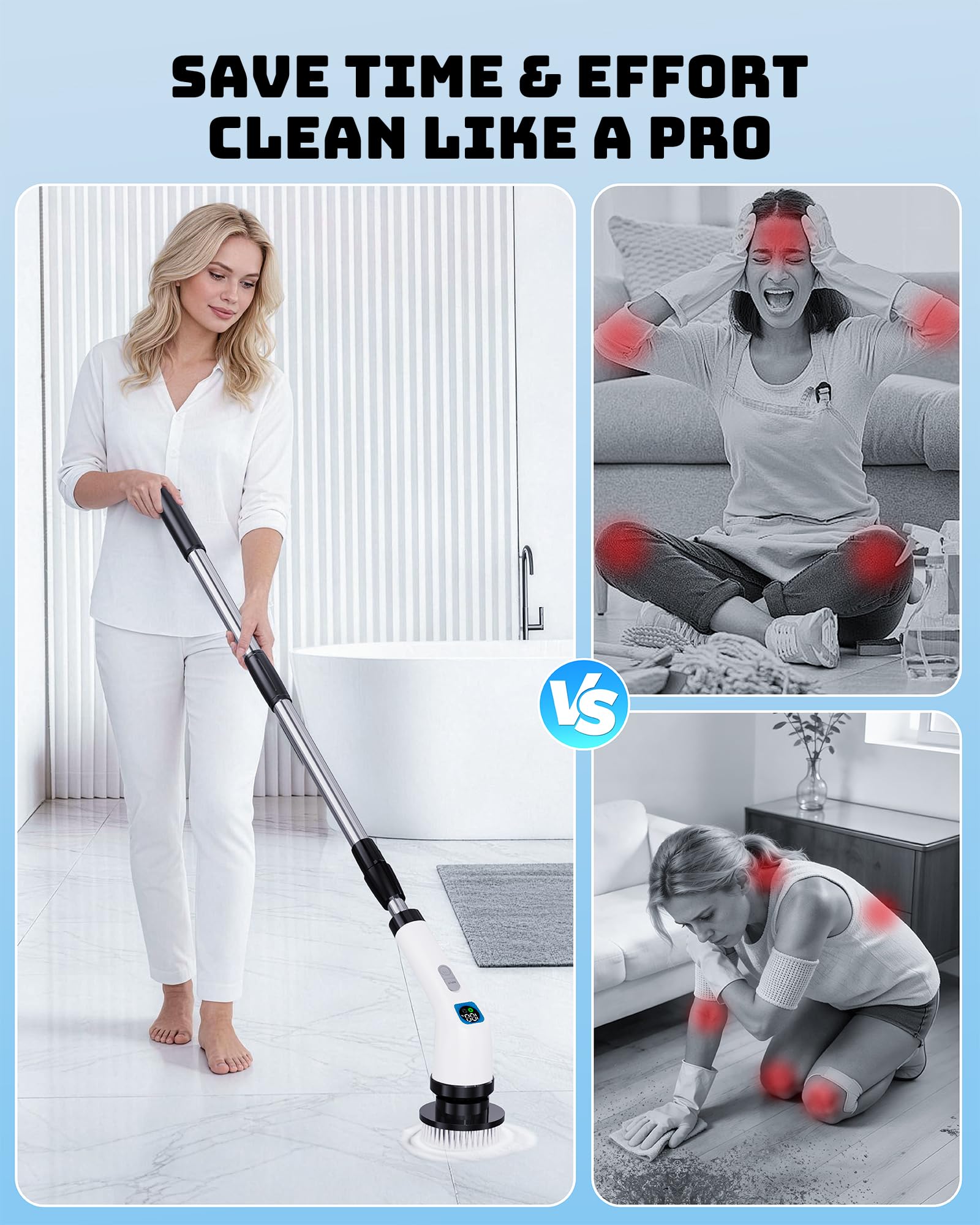 Depurador eléctrico giratorio para baño: limpiador de ducha IPX7 7 cabezales de cepillo reemplazables, 2 velocidades ajustables, 3 asas largas ajustables, limpiador eléctrico inalámbrico para limpiar
