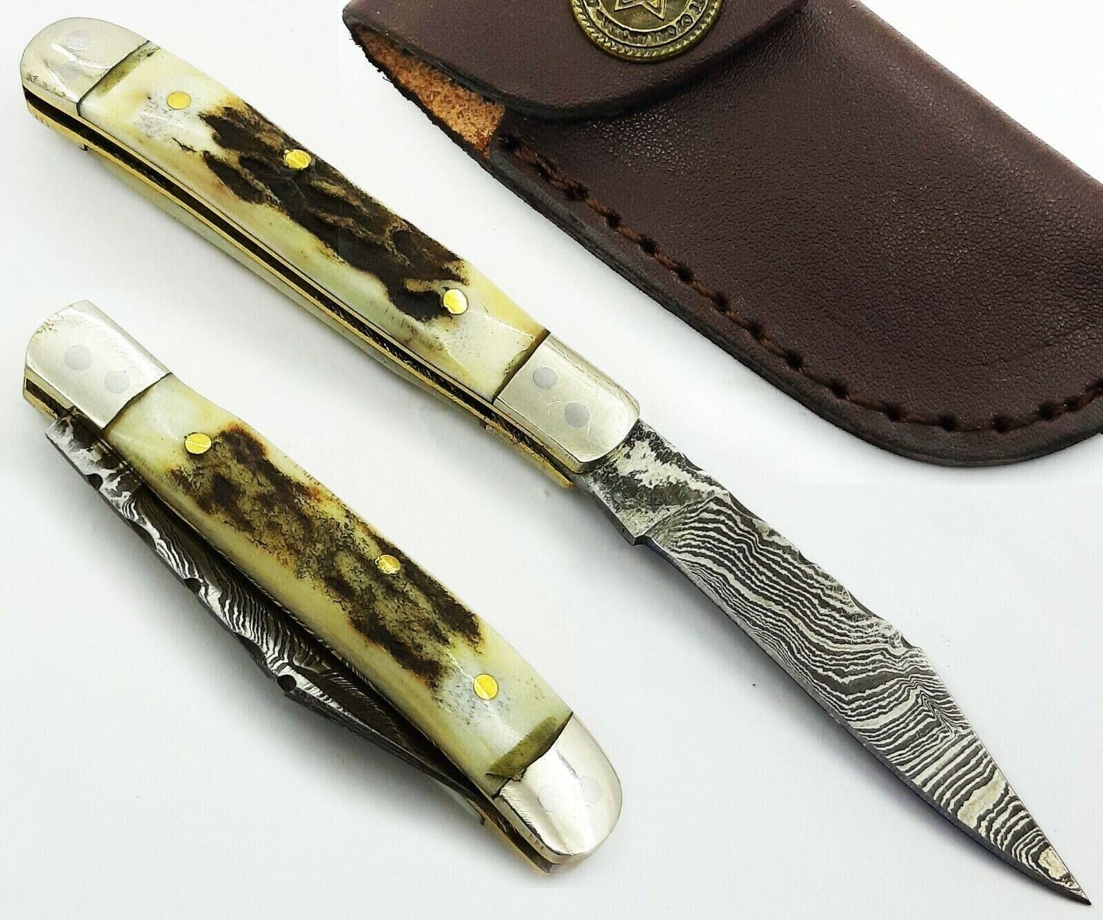 HAND FORGED Damascus Steel Mini Trapper Folding Pocket Knife Stag/Antler Handle