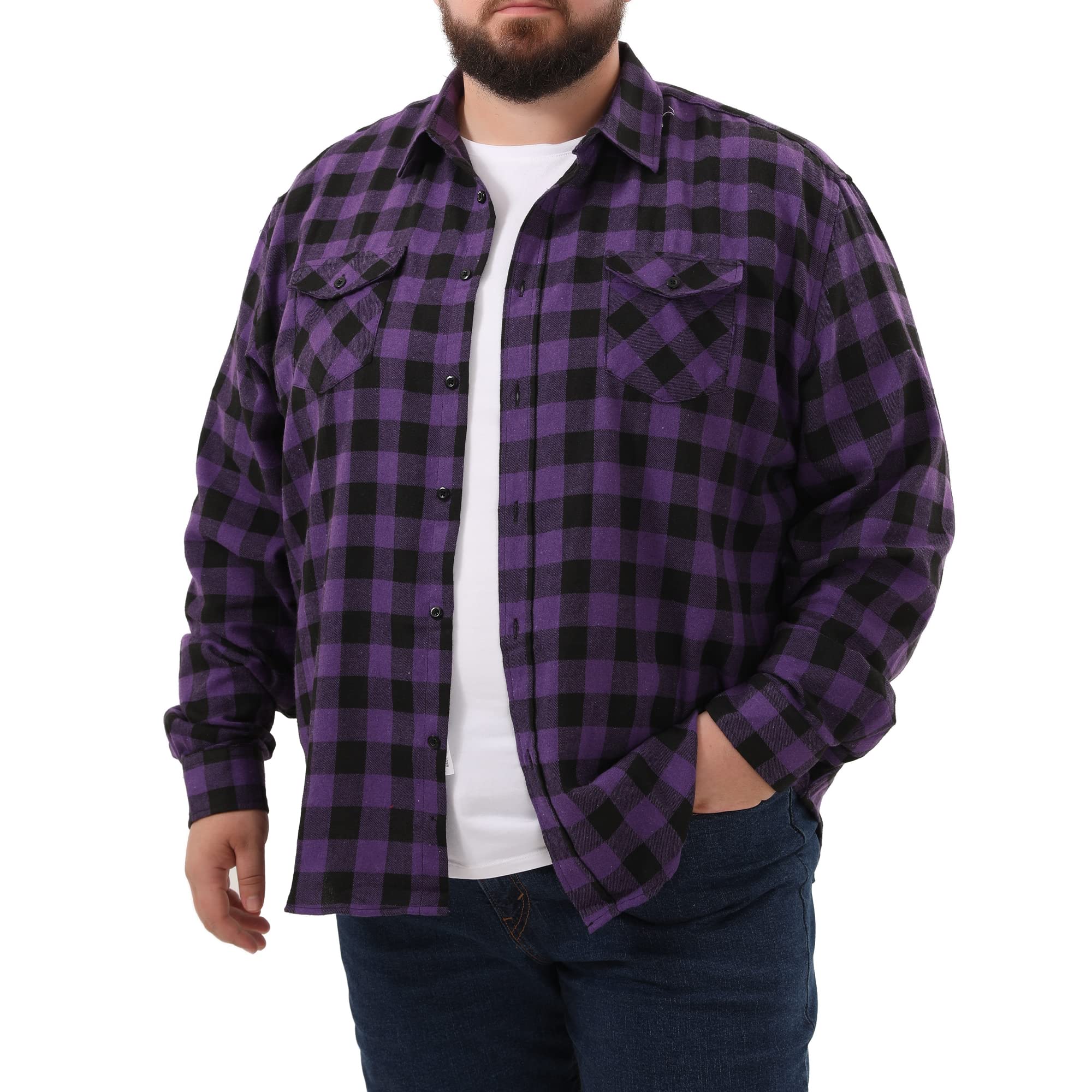 MCEDARMen’s Plaid Flannel Shirts-Long Sleeve Casual Button Down Slim Fit Outfit for Camp Hanging Out or Work(Purple 7407,4X)