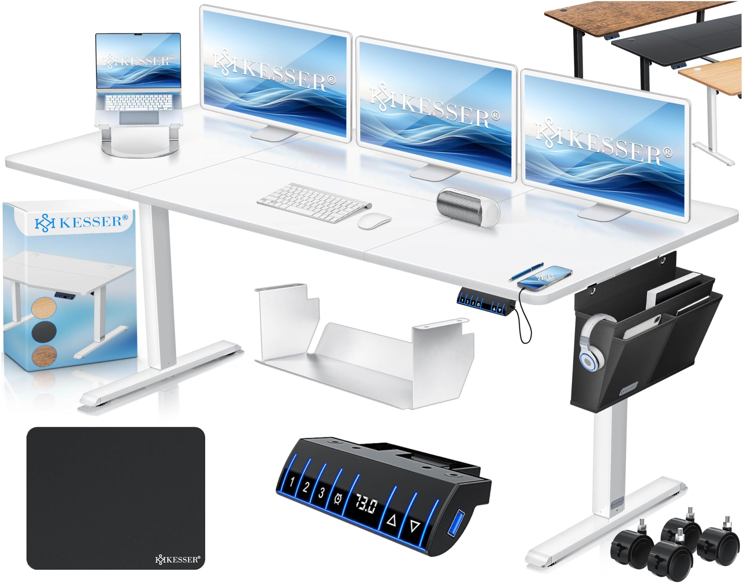 KESSER® höhenverstellbarer Schreibtisch elektrisch 180 x 80 cm, ergonomischer Steh-Sitz Tisch mit 3-Memory-Funktion, Stehtisch für Homeoffice, Inkl. Zubehör, USB-Ladeanschluss & 360° Rollen, Weiss