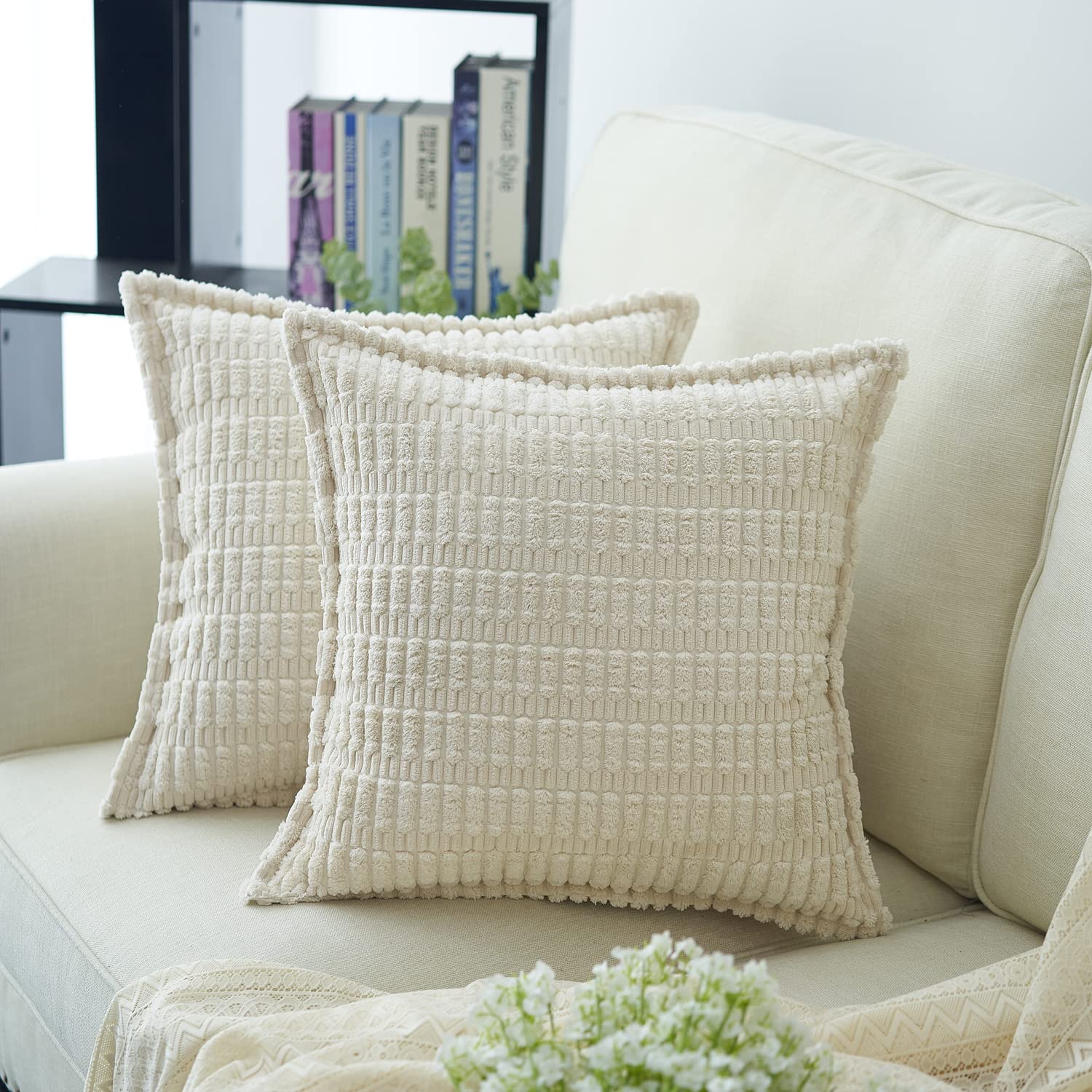 OUSTULE Cream White Accent Decorative Throw Pillow Cover Set 2, Super Soft & Thick Corduroy Cushion Cover for Living Room Couch Bed Sofa, Boho Farmhouse Square Pillow Case with Wide Edges 18x18 Inch