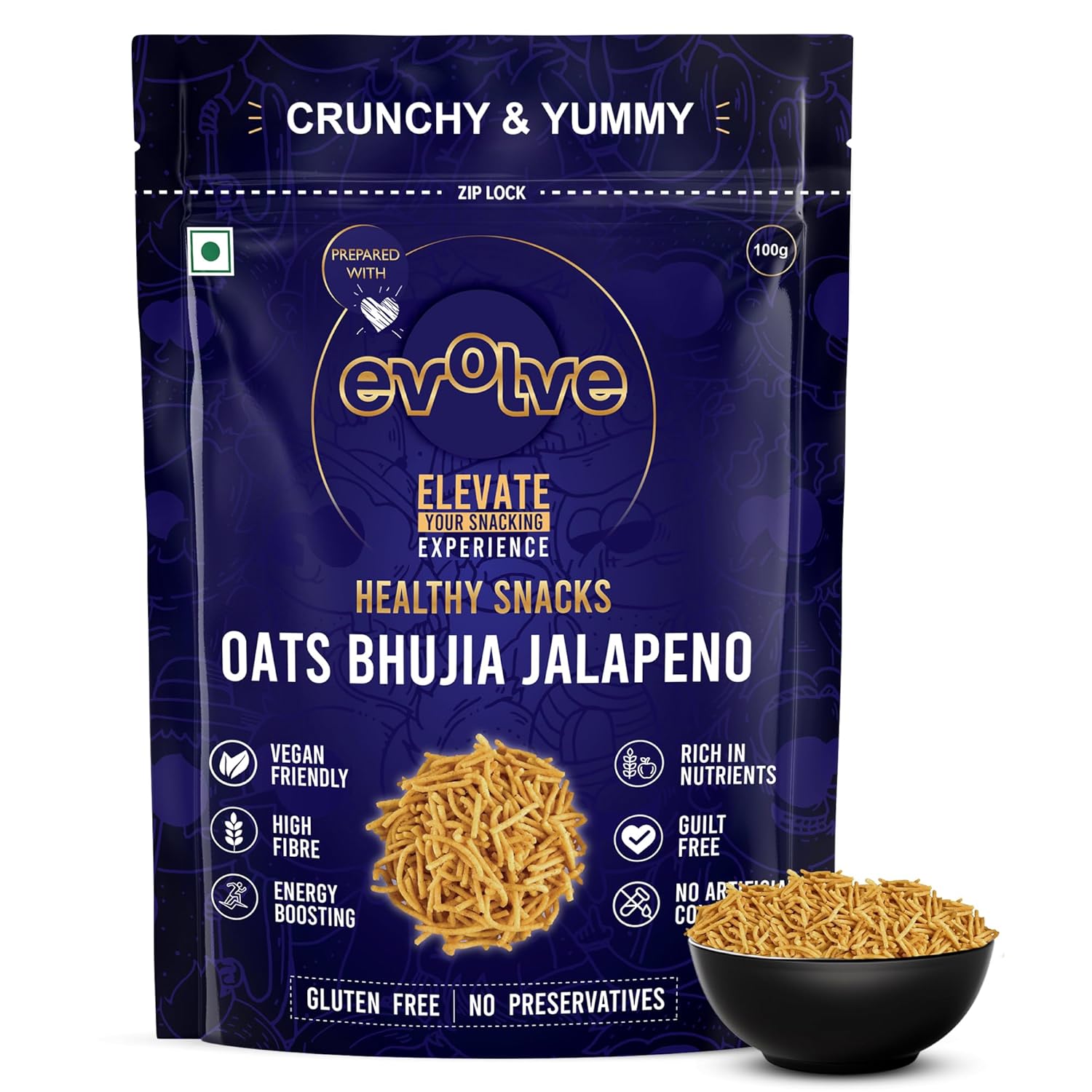 Evolve Oats Bhujia, Diet Namkeen – Gluten Free Healthy Snacks, No Palm Oil & Artificial Color, High Fiber, Organic, Fresh, Crunchy, Ready to Eat – 100g Evolve Oats Bhujia, Diet Namkeen – Gluten Free Healthy Snacks, No Palm Oil & Artificial Color, High Fiber, Organic, Fresh, Crunchy, Ready to Eat – 100g