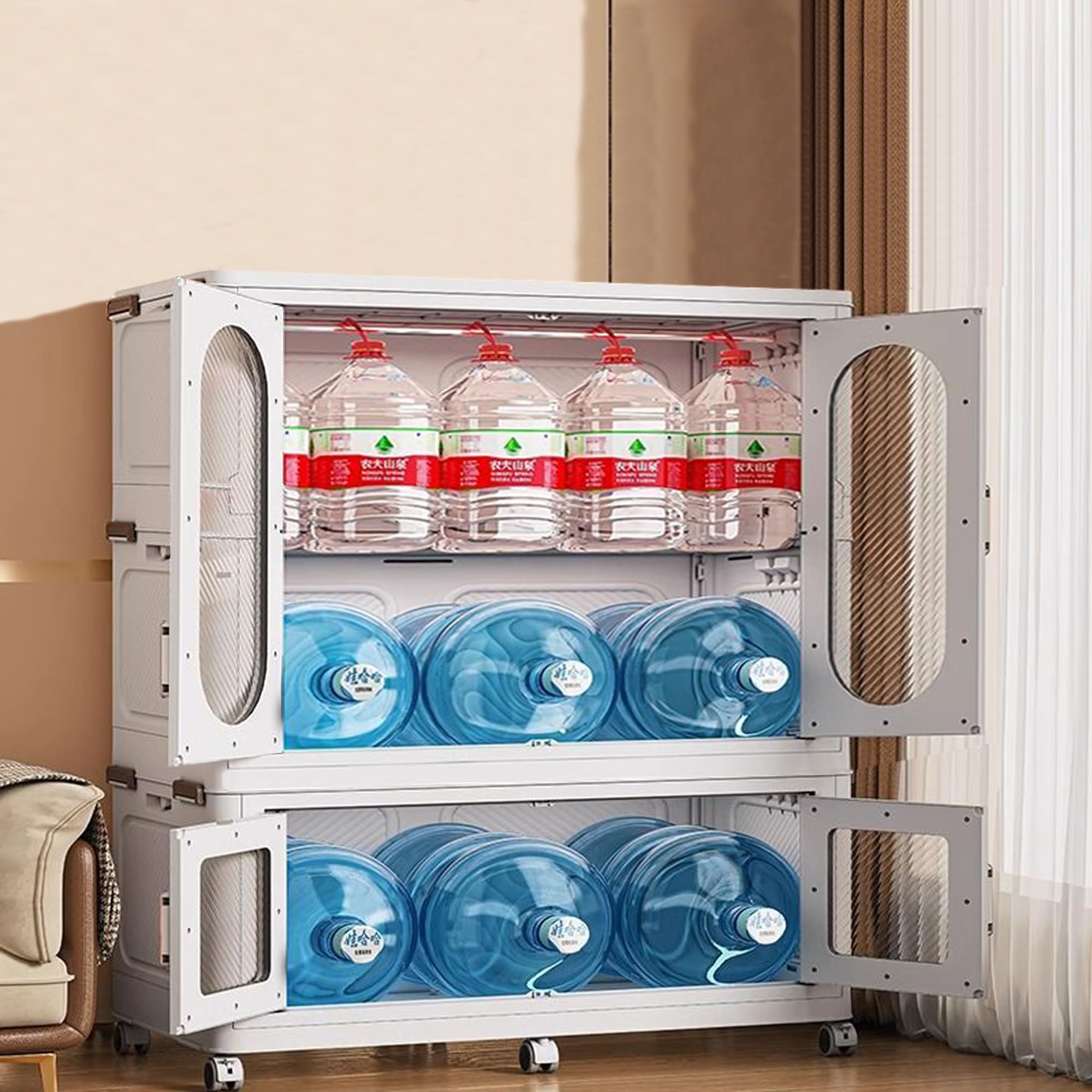 MECOLOR 104cm Kleiderschrank Organizer mit 6 Rollen - Stapelbare Kunststoff-Garderobe mit Magnetischen Türen, Aufbewahrungsbox (104-T1)