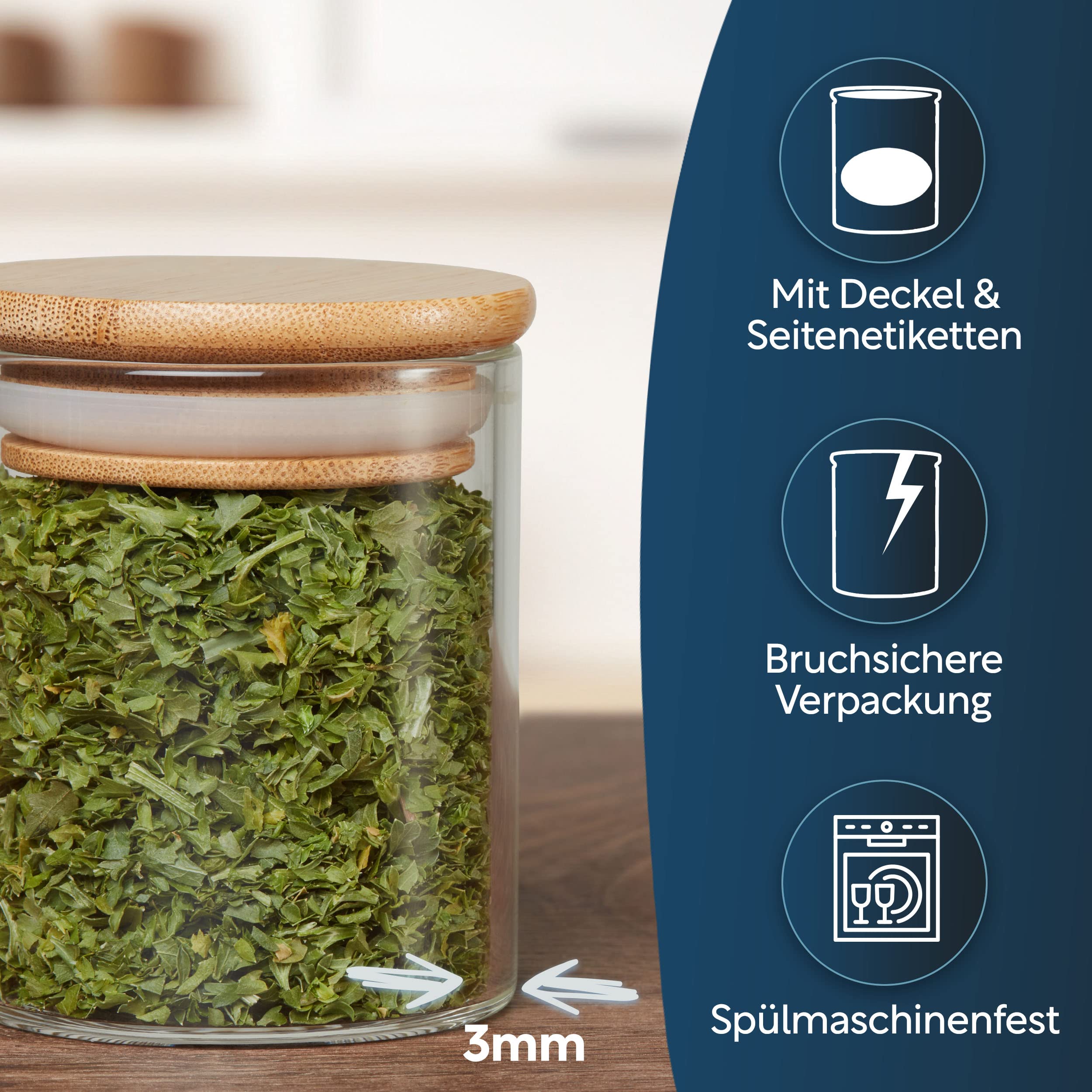 CLIDOR ® - Tarros de especias redondos - 12 x 125 ml (innovador grosor de cristal de 3 mm) tarros herméticos para especias - Recipiente apilable para especias con tapa de bambú - Tarros de especias -