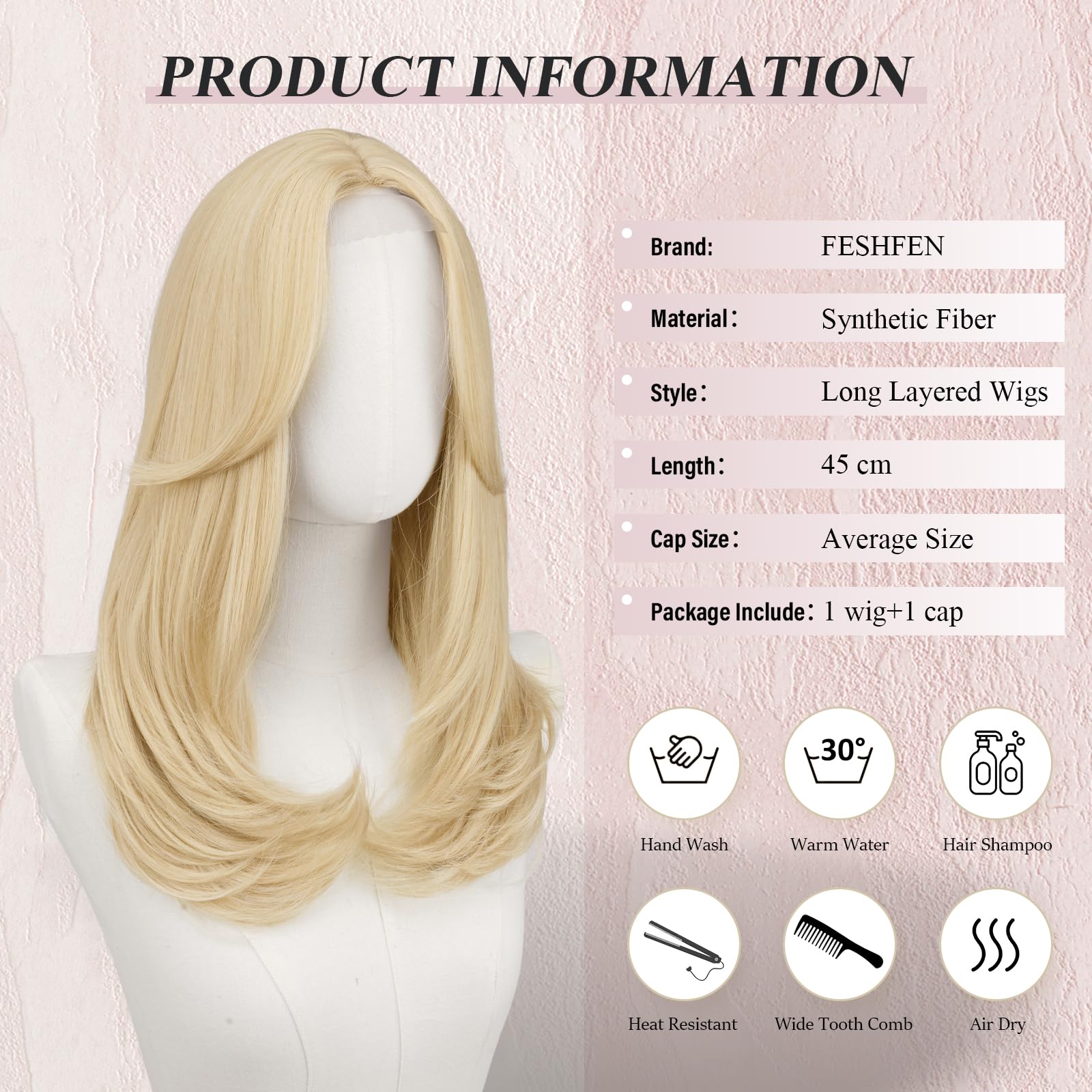 FESHFEN Lace Front Parrucca - Parrucca Donna con Frangia Natuaral Ondulata Biondo Platino Wigs Sintetici Lunga Parrucche per Quotidiano Carnevale Festa, 45 cm