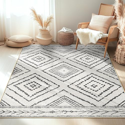 BESTSWEETIE 3x5 Area Rugs Moroccan Rug 3x5 Rugs Farmhouse Rug Machine Washable Rugs Non-Slip Low Pile Ultra Soft Faux Wool for Living Room Bedroom Indoor Blackwhite