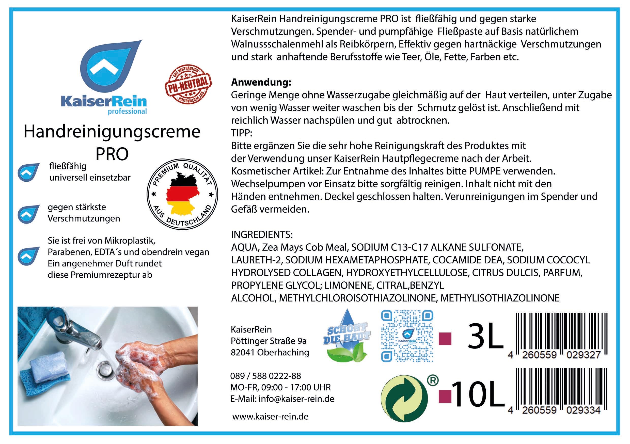 KaiserRein Nachfüllkanister 10 L für Handreinigungscreme PRO 3 L Eimer I Kanister Seife I Handwaschpaste I gegen stärkste Verschmutzungen