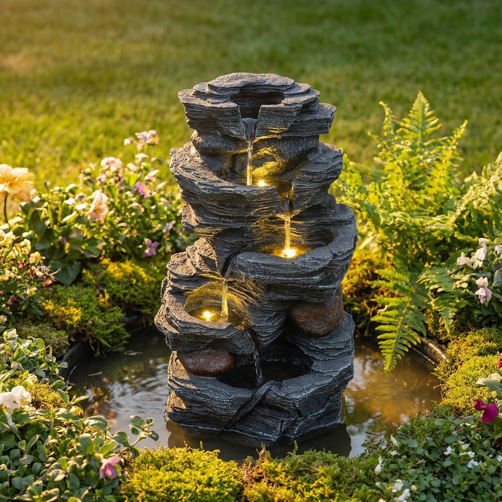 HOMASIS Fontana da Giardino con Effetto di Roccia, Fontanella Decorativa a 5 Livelli con Luci, Flusso d'Acqua e Pompa Regolabile, Arredo in Resina per Interno, Tavolo, Esterno, Balcone e Laghetto