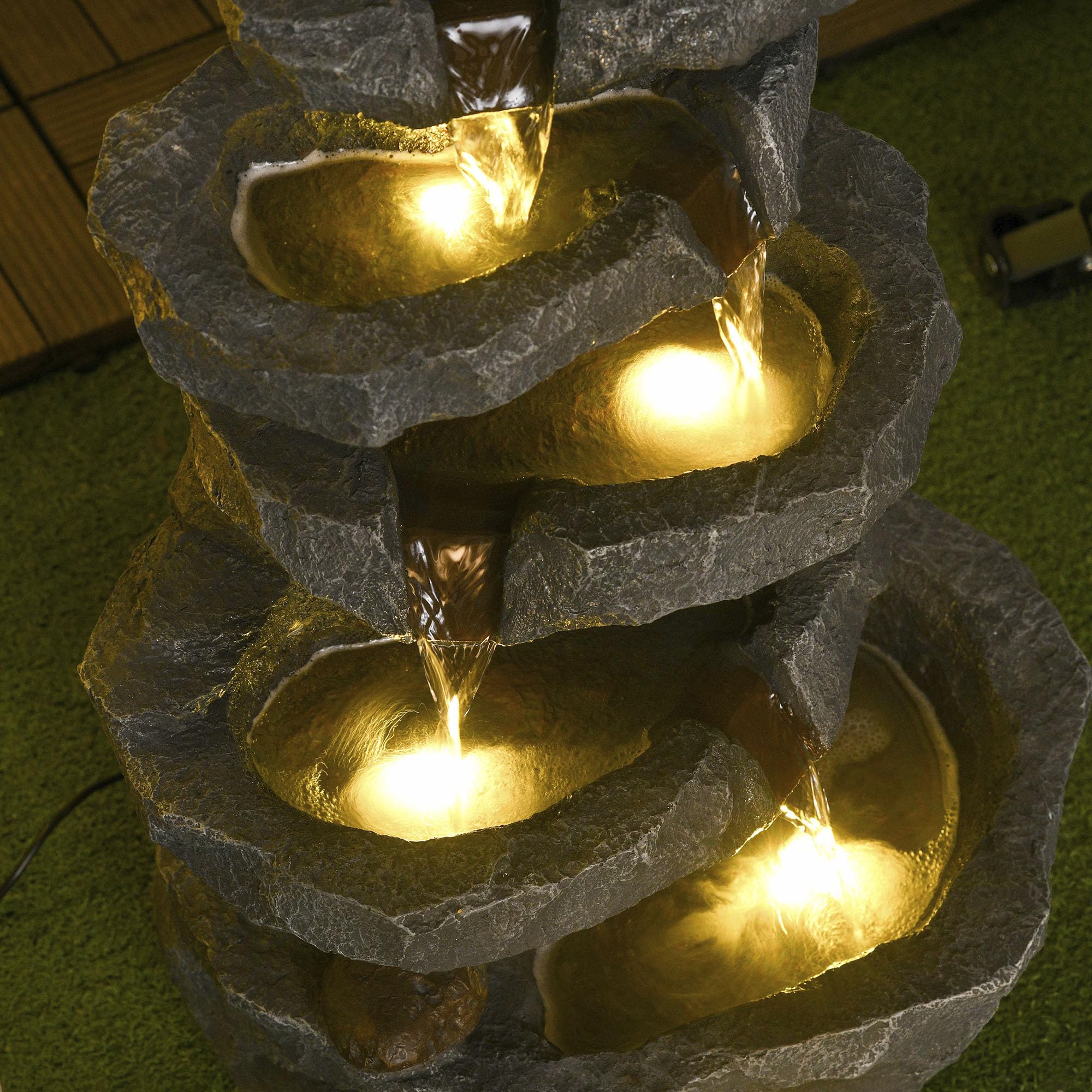 Outsunny Fontaine de Jardin à énergie Solaire Roche en Cascade à 5 Niveaux en résine avec lumières LED et Pompe dim. 38L x 31l x 55H cm Gris