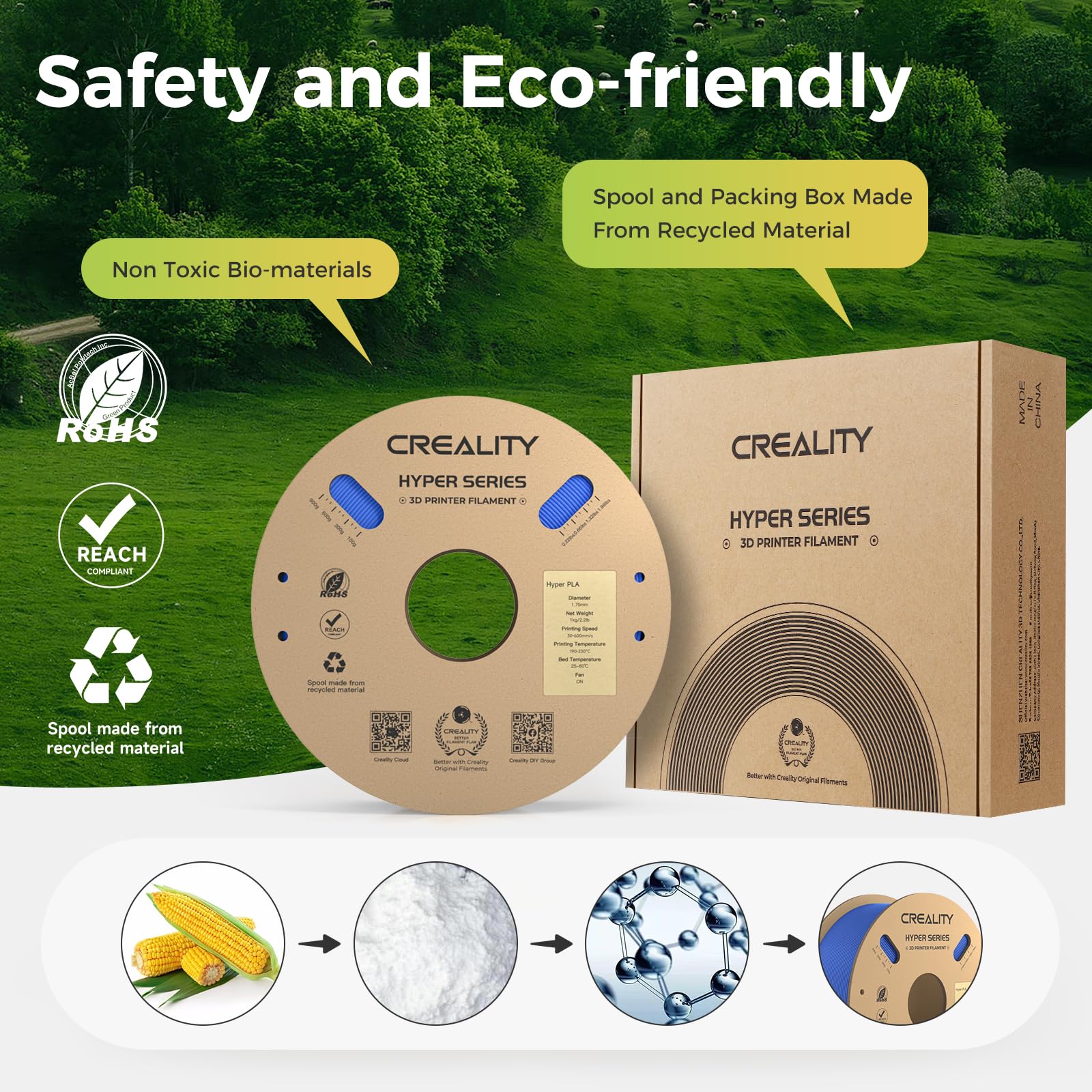 Creality Official Hyper PLA Filament Blu 1KG, Filamento per Stampanti 3D per la Stampa ad Alta Velocità, Durevole e Resistente, Liscio, Prestazioni a Sbalzo Precisione Dimensionale +/-0,03mm