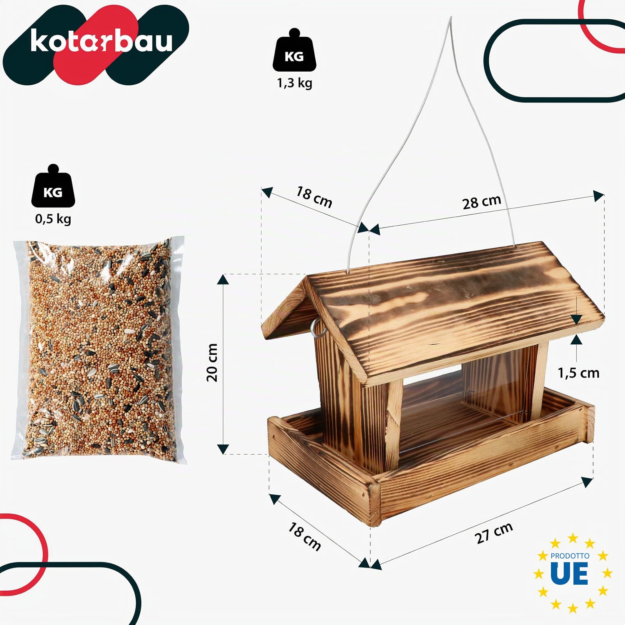 KOTARBAU® Mangiatoia per Uccelli da Esterno - Legno - 28x18x20 cm - Naturale - Con Pareti In Acrilico Trasparente - 0.5 kg Di Mangime - Mangiatoia Uccelli Selvatici - Decorazione da Giardino