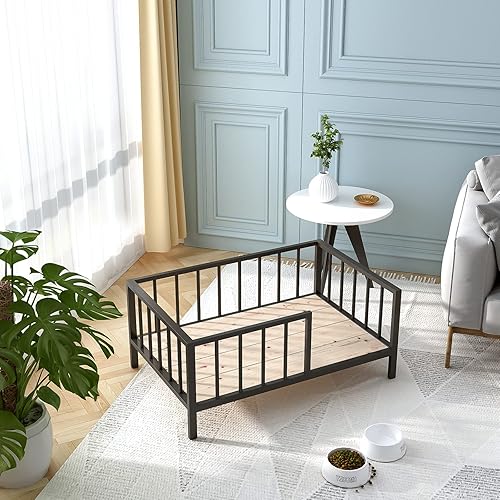 Miniatura 6 de Cama para perros con rieles, marco de cama elevado de metal para mascotas con tablero de madera maciza y tapete suave lavable para perros medianos