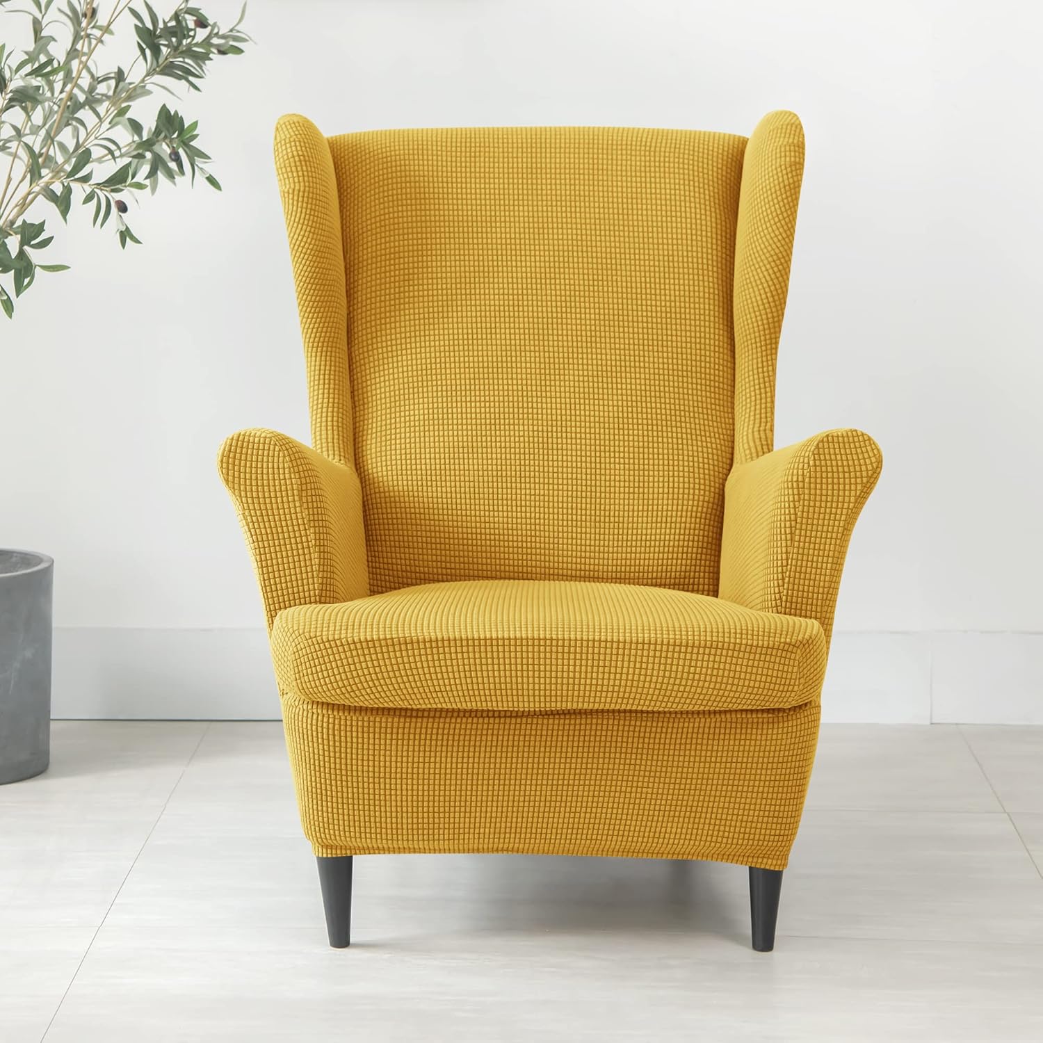Wing Chair Slipcovers, 2 Piece Stretch Wingback Chair Cover Soft Jacquard Armchair Covers with Elastic Bottom for Living Room Bedroom (Yellow)