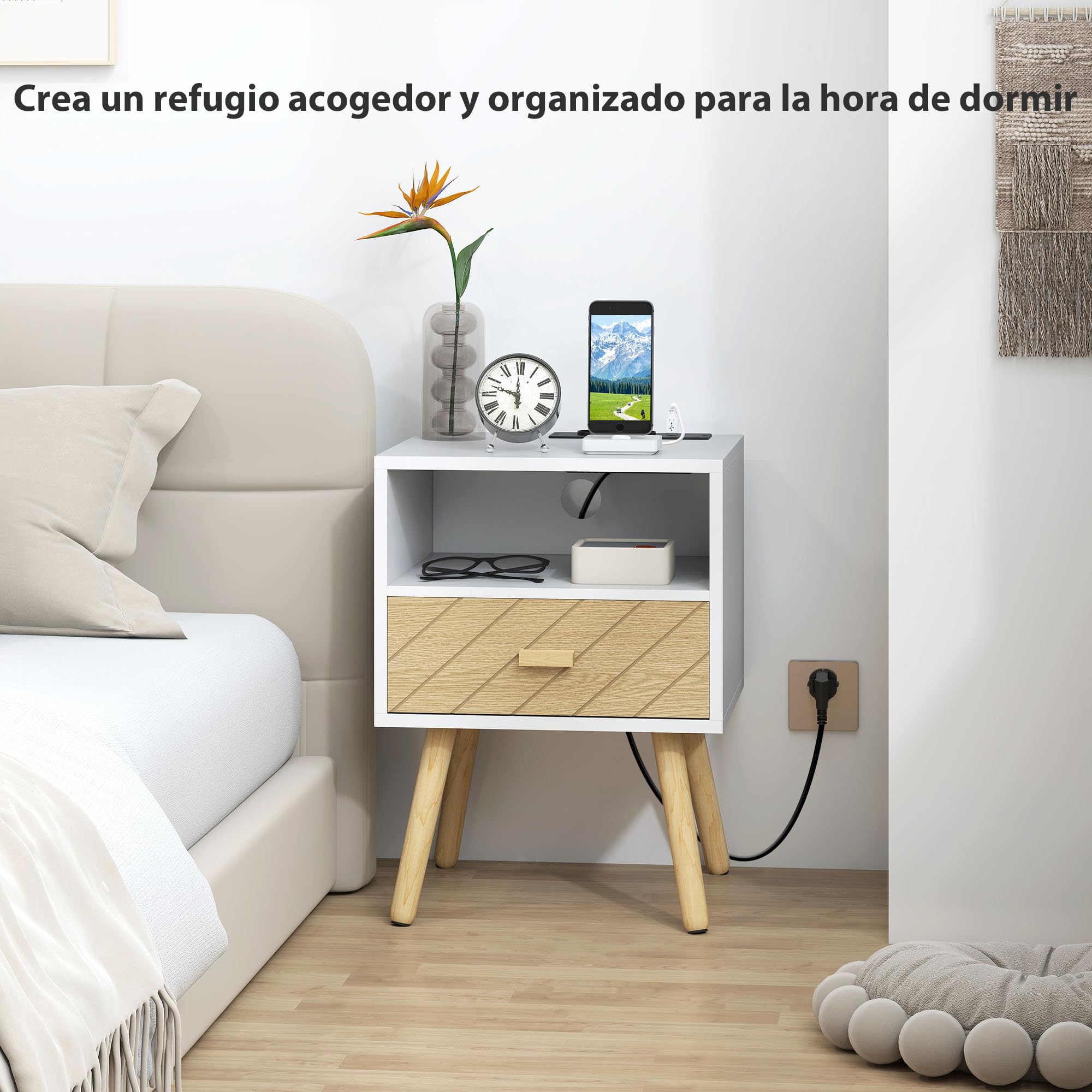 HOMCOM Mesita de Noche con Estación de Carga, Mesilla de Noche con Cajón, 2 Tomas AC, Puerto USB y Tipo-C, Compartimento Abierto, Patas de Madera, para Salón, Dormitorio, Blanco
