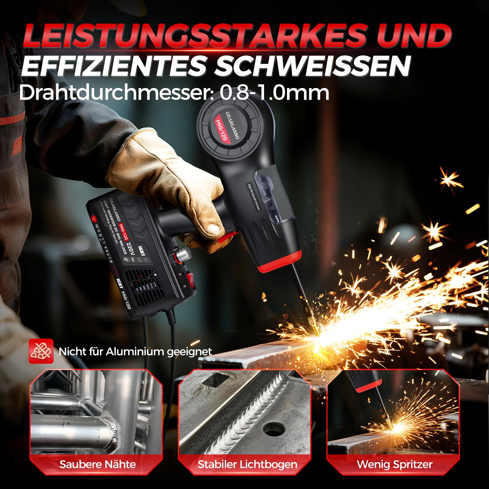 Handgehaltenes MIG-Schweißgerät, 220 V, 20–120 A, tragbares Flux Core-Schweißgerät, tragbares Flux-MIG-Schweißgerät, gasloses MIG-Schweißgerät