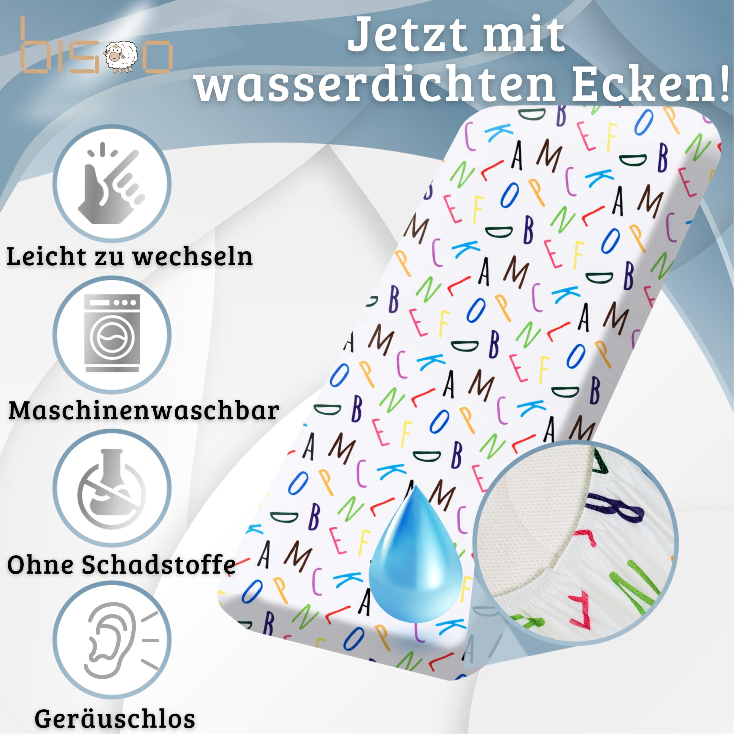 Bisoo Zauberlaken Spannbettlaken 35x75 Buchstaben + Autos für Kinderwagen | Laken und Matratzenschoner in einem Stück, Ersparnis, Wasserdicht, Atmungsaktiv, Geräuschlos, Baumwoll-Jersey Oeko-Tex