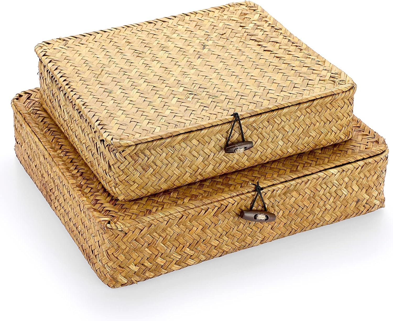 LUCKY-D Set of 2 Flat Woven Wicker Storage Bins with Lid Natural Seagrass Basket Boxes Multipurpose Home Organizer Bins Boxes for Shelf Organizer (1, Light Yellow)