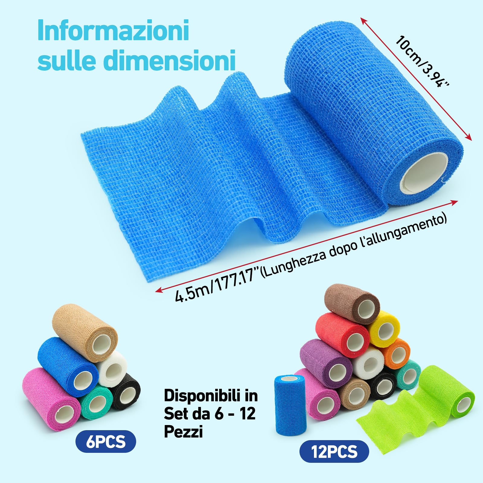 Benda Elastica Autoadesiva, Benda Elastica Coesiva 10cm x 4,5m, Traspirante e Multicolore, per Sport e Animali (12PCS)