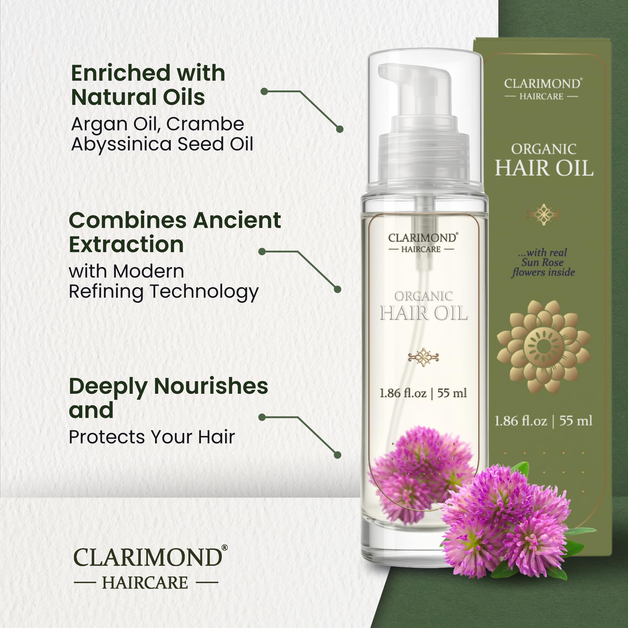Clarimond Artisanal Argan Oil & BIO-Peptides – Smooth and Sleek Frizz Hair Control, Nourishing Formula, Boosts Shine, Non-Greasy Hydration & 24-Hour Fragrance, 55ml.