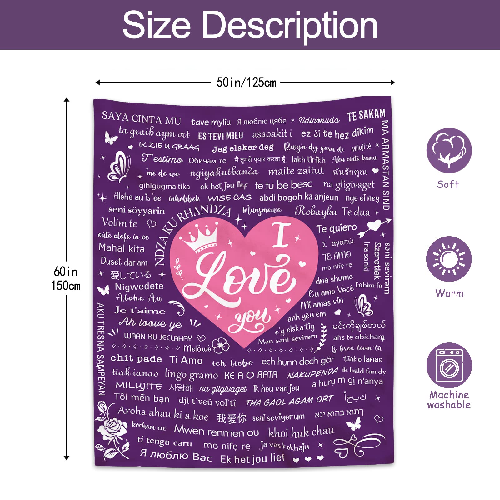 Blankiegram Überwurfdecke „I Love You“ – Superweich, 127x152 Cm In Lila, Perfektes Geschenk