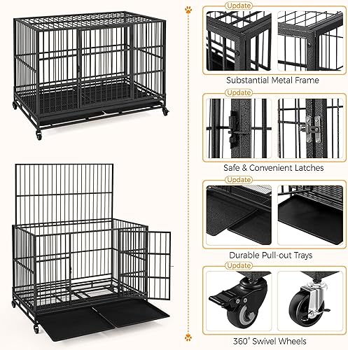 Miniatura 3 de Topeakmart Jaula para perros de 48 y 42 pulgadas, resistente XXL, para perros grandes con ruedas bloqueables, jaula para perros con puertas dobles y