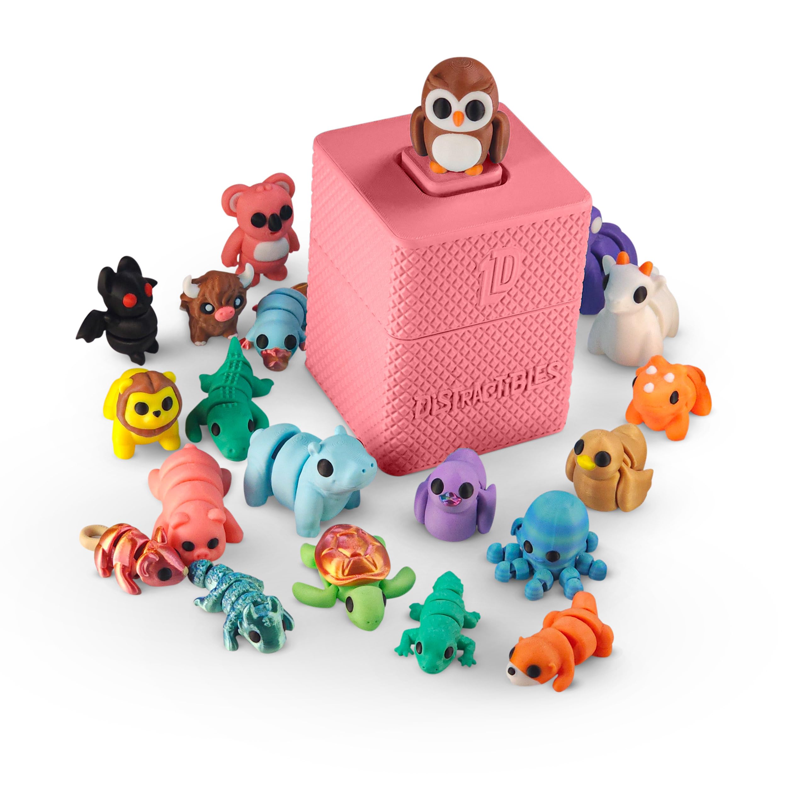 Distractibles Mystery Fidget Animal Pack, 10 Articulated Animals + Bonus Fidget Clicker & Fidget Clicker Box, Random Colors (Pink)