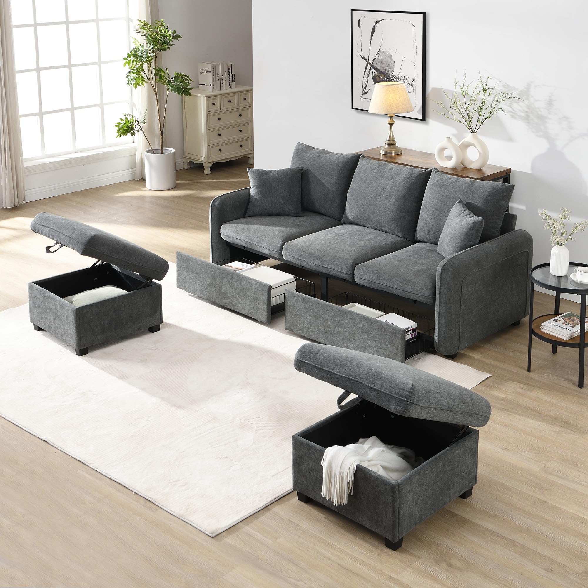 Sofa tapicerowana z miejscem do przechowywania – łącznie z szufladami + taboretem ze schowkiem, modułowo rozkładana sofa narożna, materiał sztruksowy (ciemny szary)