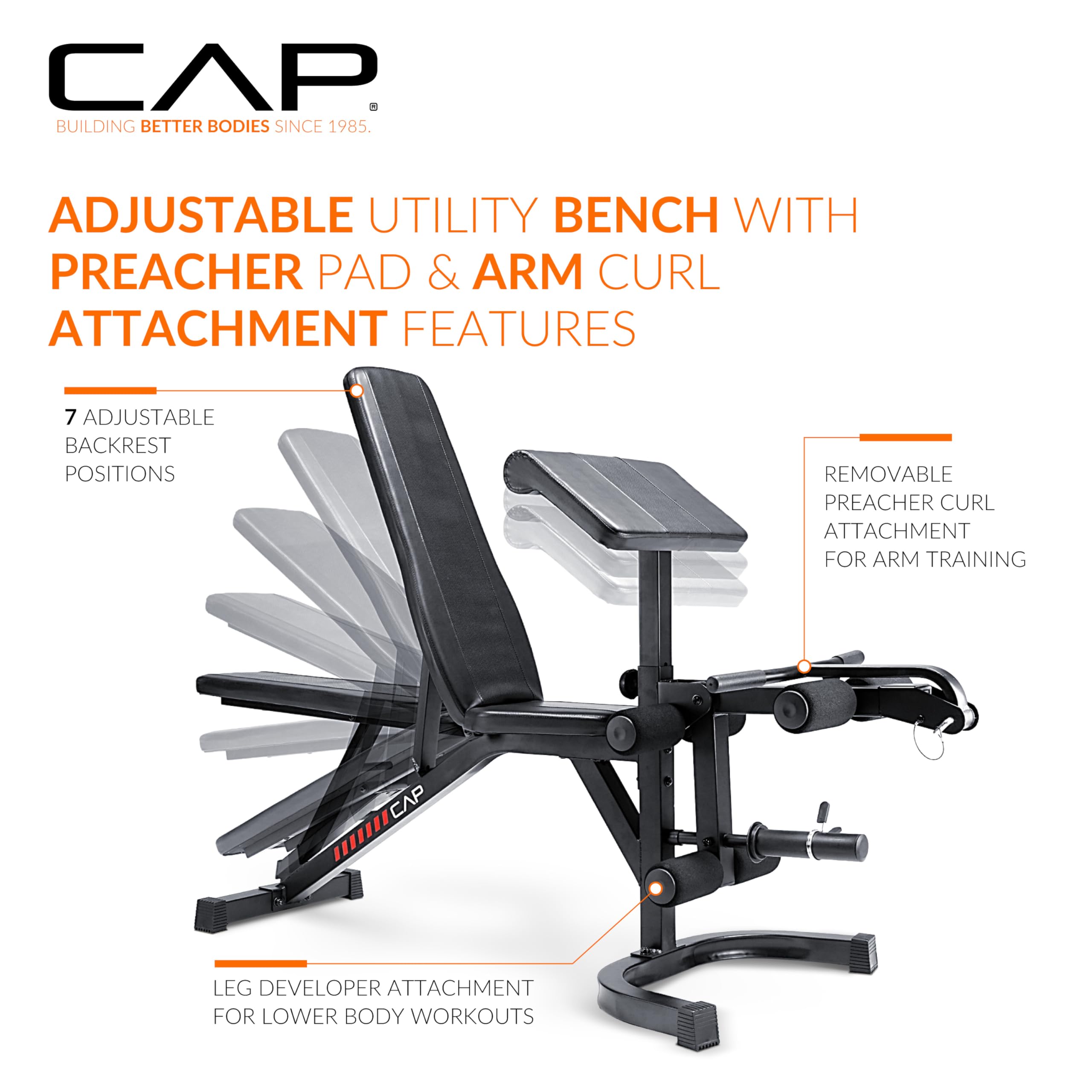 Adjustable Utility Weight Bench with Preacher Pad, Arm Curl Attachment, and Leg Developer for Full Body Strength Training