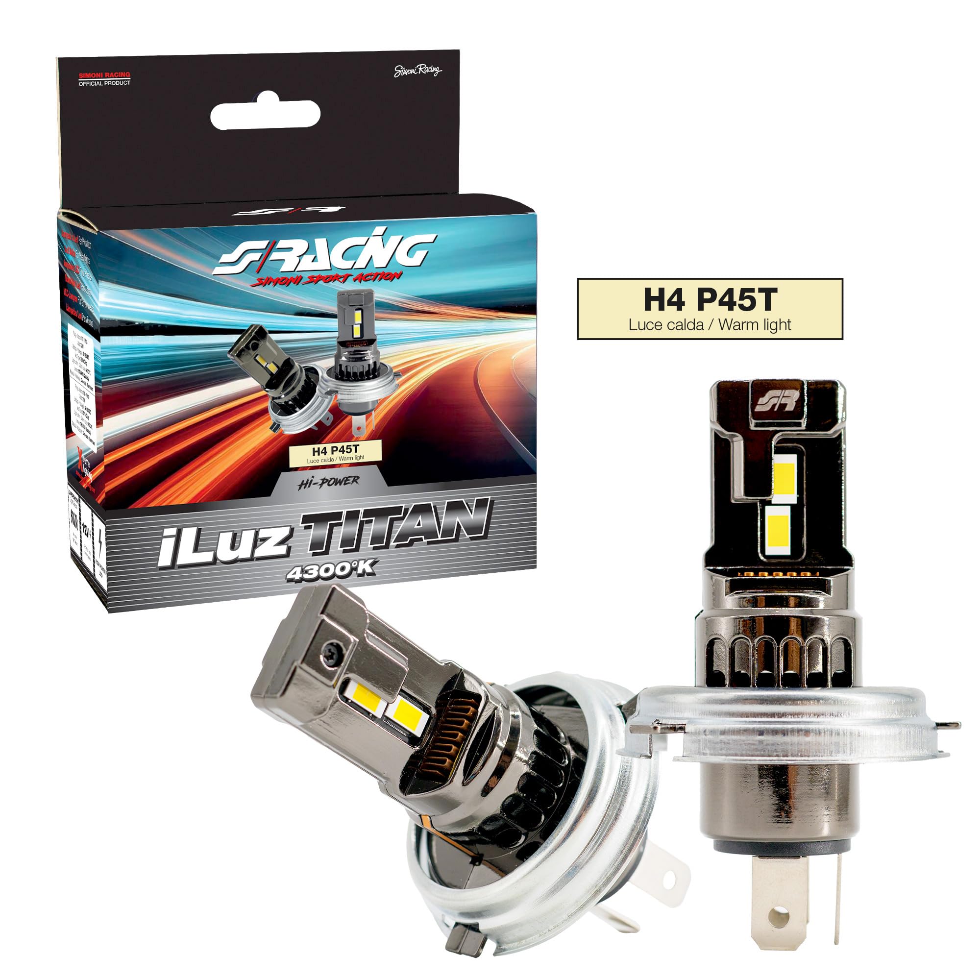 Simoni Racing TZ4P45T LED Conversion iLuz Titan, kit 2 Lampadine a Led Attacco H4 P45T di Piccole Dimensioni per Auto e Moto 4300°K Luce Bianca