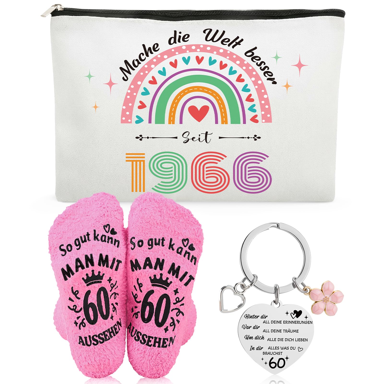 60.Geburtstag Geschenk für Frauen,Kosmetiktasche zum 60. Geburtstag, Geburtstagssocken und Schlüsselanhänger,Make-Up Tasche Strümpfe Schlüsselanhänger Geschenk für Damen Jahrgang 1966