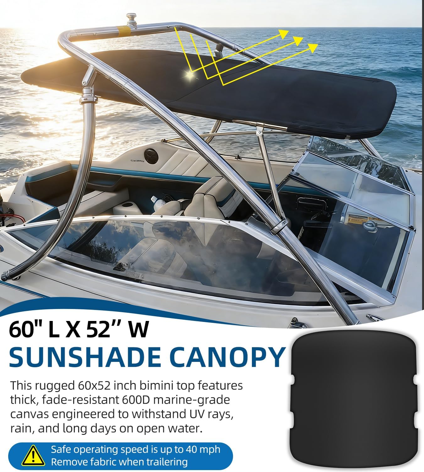 Universal Wakeboard Tower Boat Bimini Top, 600D Bimini Top Canvas with 1" Aluminum Alloy Frame & Clamps for Most 2-2.5” Tube Wake Towers on Bass Boats, Jon Boats, Pontoons & More, 60" L x 52” W