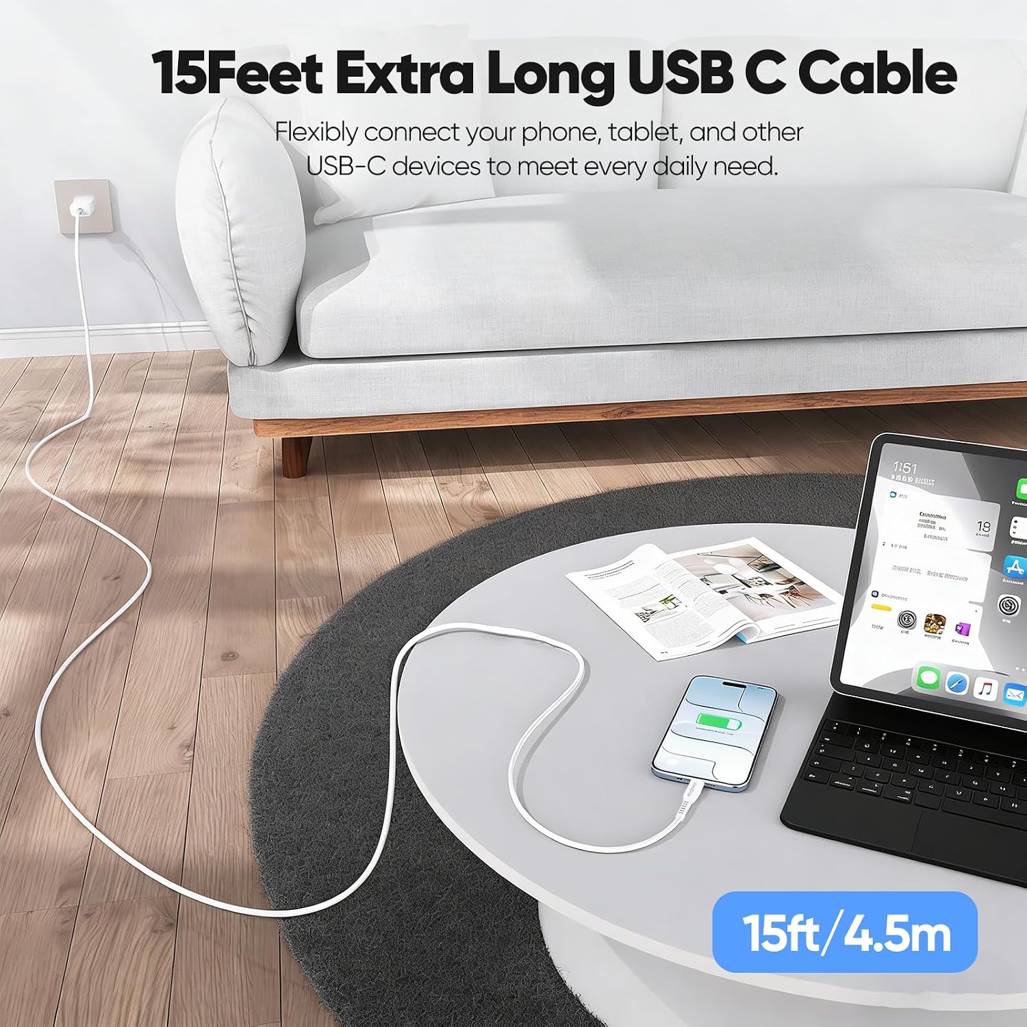 USB C Cable 15 Ft, Extra Long Type C 60W Fast Charging Cord image 2