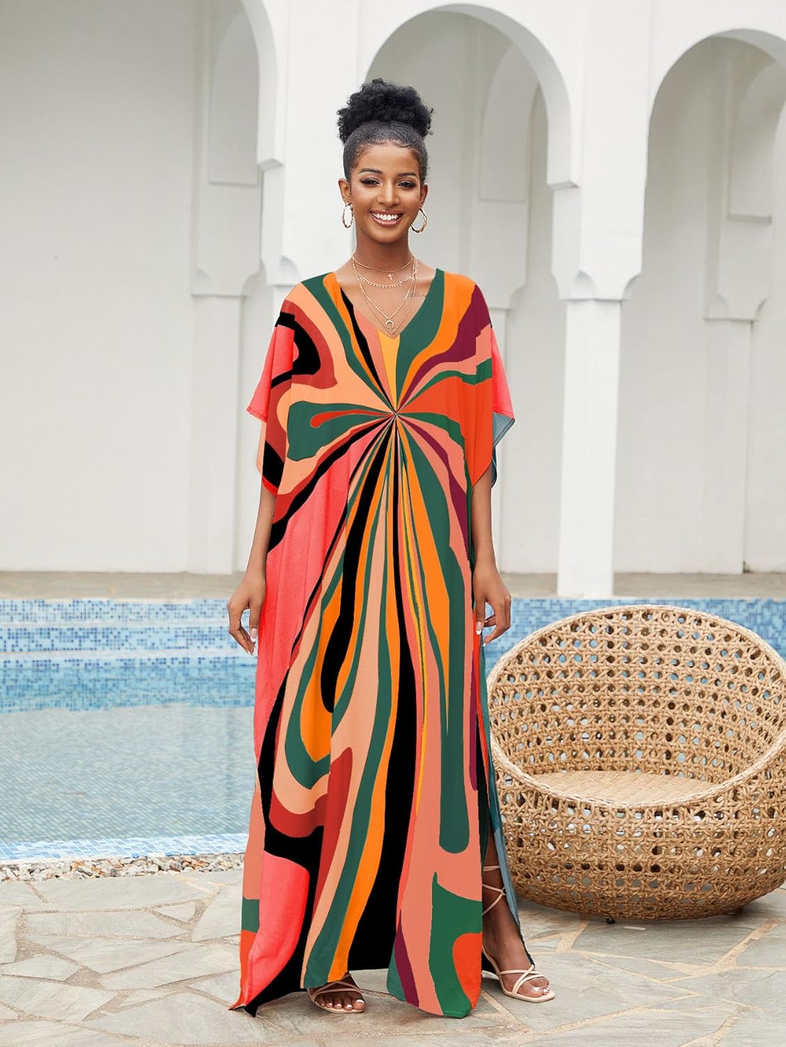 Moroccan Print V-Neck Batwing Kaftan Women's Plus Size Loose Fit Beach Dress Bathing Suit Cover Up Loungewear - Image 4