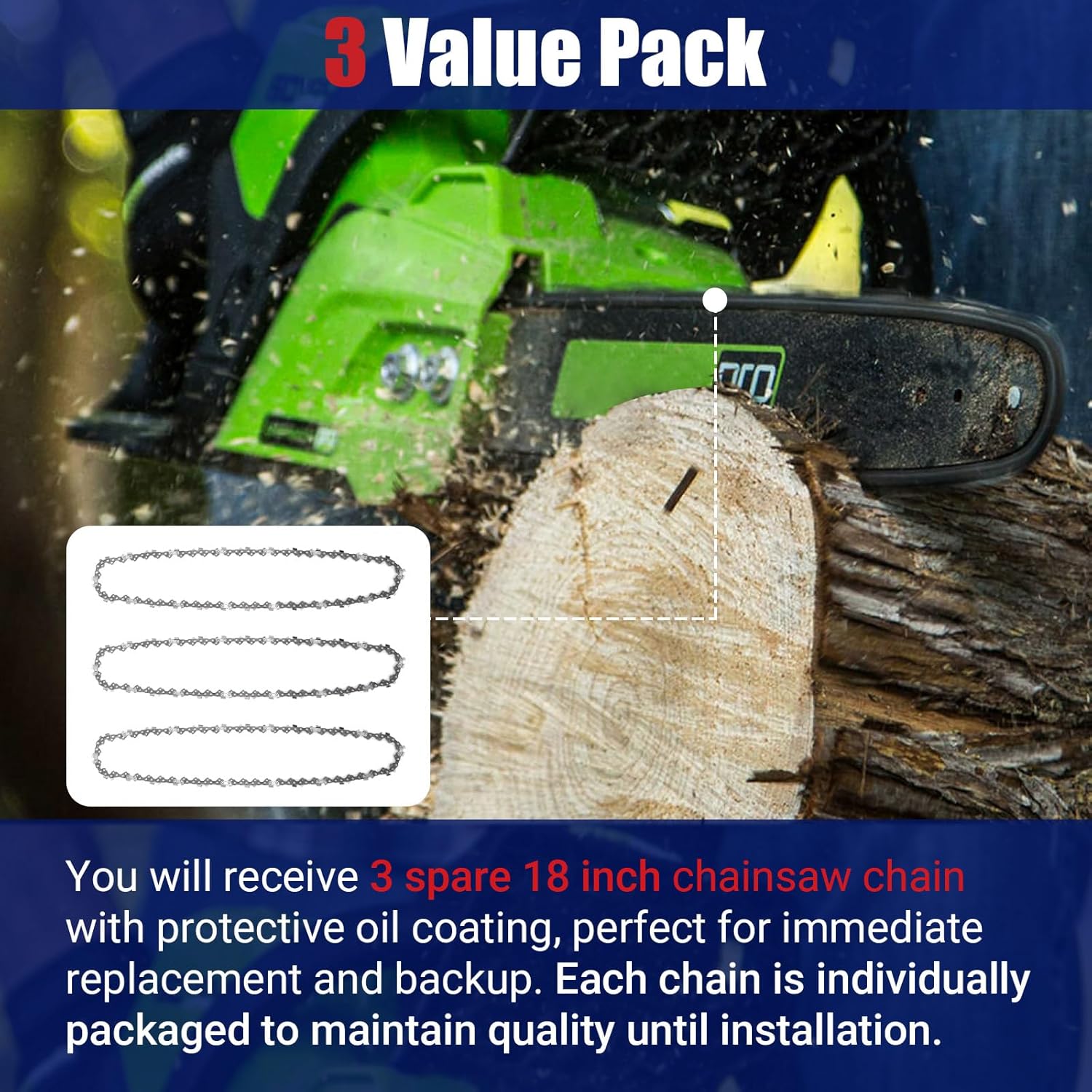 18 Inch Chainsaw Chain 3/8" LP Pitch 62 Drive Links Replacement for EGO AC1800, 18" Chain Saw Chains Fit for EGO CS1800, CS1803, CS1804 DCCS672B Chainsaw (3Pcs)
