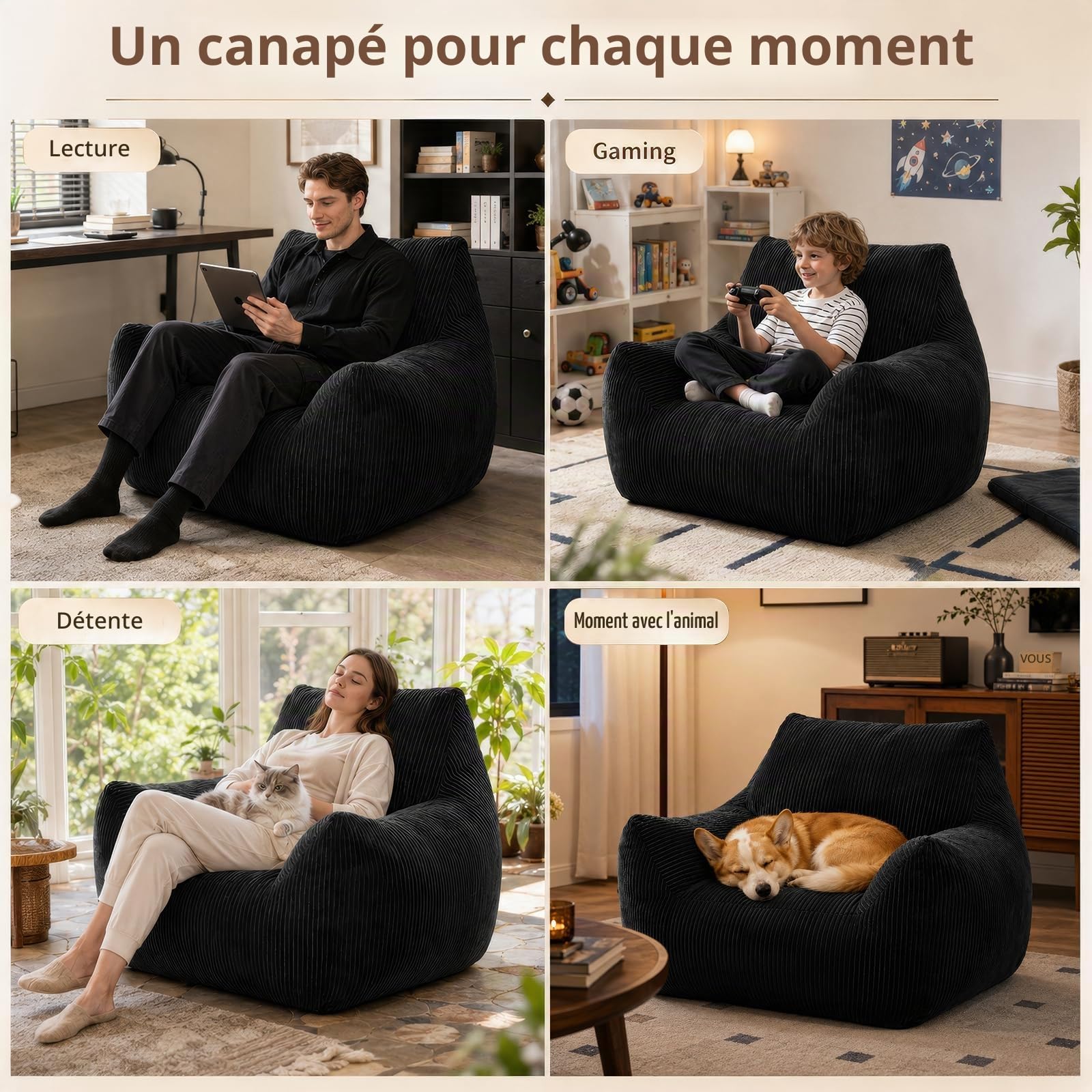 Pouf pour adultes rembourré en velours côtelé avec dossier, grand fauteuil pour jeux vidéo et chaise de sol pour salon, chambre à coucher et chambre d'adolescent, 80 x 73 x 80 cm, couleur noire