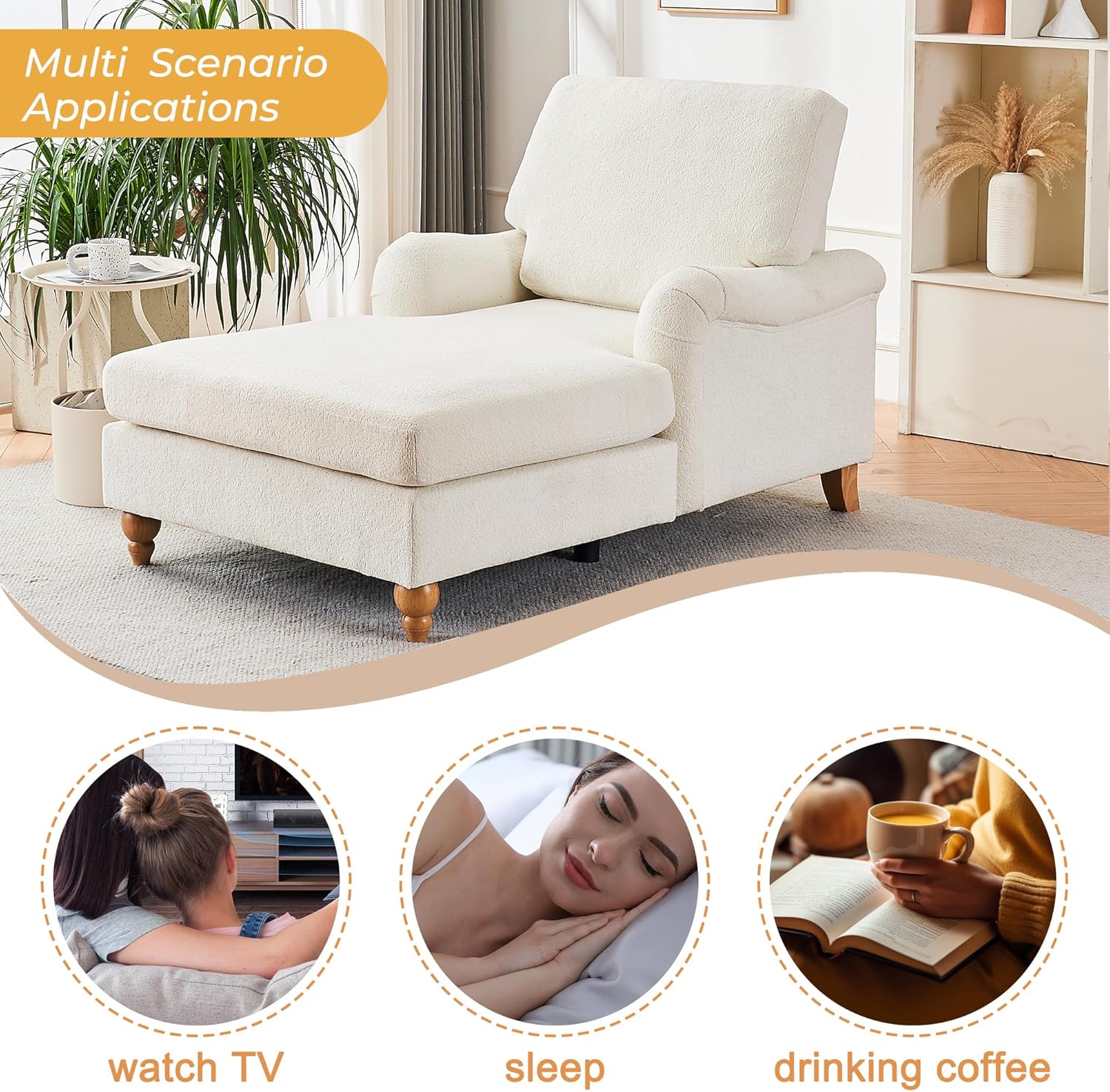 Chaise Lounge Chair Indoor, 66.5" Oversized Chaise, Chenille Reading Chairs with 3-Gear Adjustable Backrest, Lounger Chair Indoor with Pillow and Armrests for Living Room and Apartment (Beige)