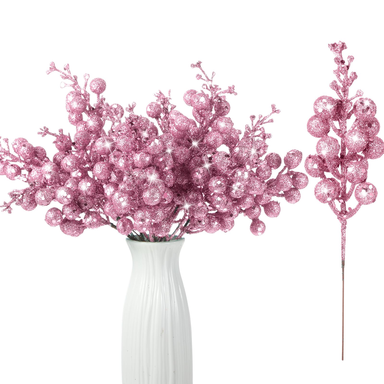 Geosar 36 Pcs Christmas Glittered Berries Stems 7.5 Inch Artificial Berries Sprays Branches Floral Pick for Christmas Tree Ornament, DIY Xmas Wreath, Crafts, Home Decor(Pink,Pure Color)