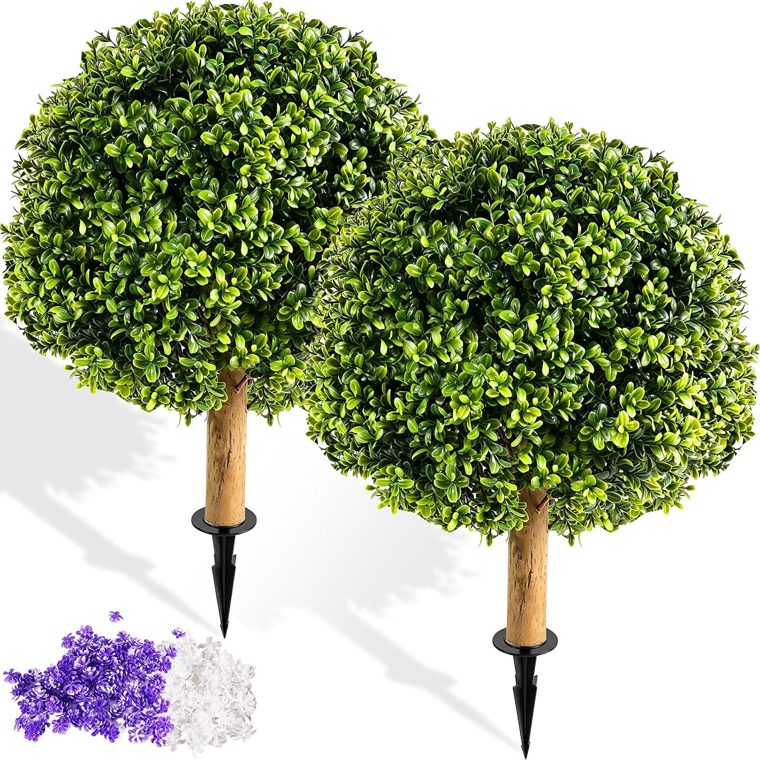 24in Artificial Topiary Boxwood Ball Trees with Camellia,2Pack,